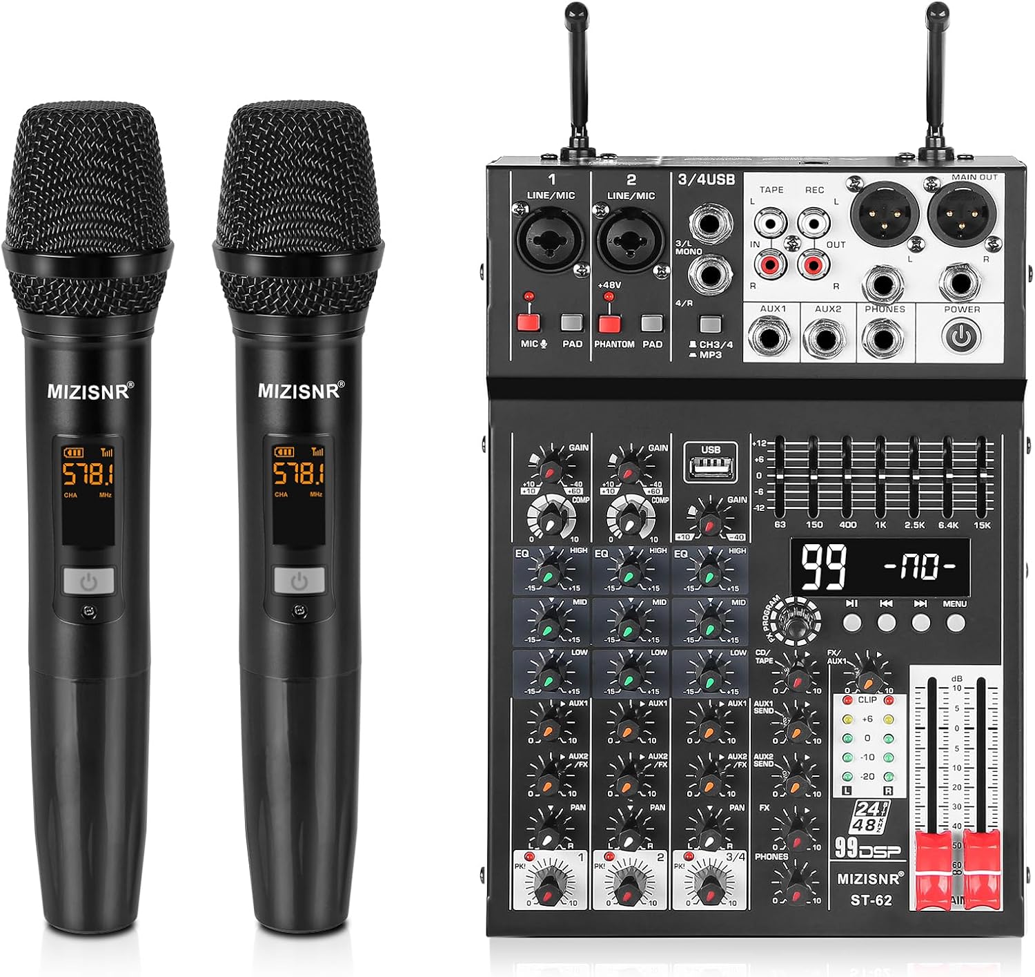 Audio Mixer 4 Channel with Dual Microphones, Pro 99DSP Sound Music Console DJ Mixing Board with 7-band EQ, USB, Bluetooth, 48V Phantom Power & PAD Function for Recording PA Live Live Streaming