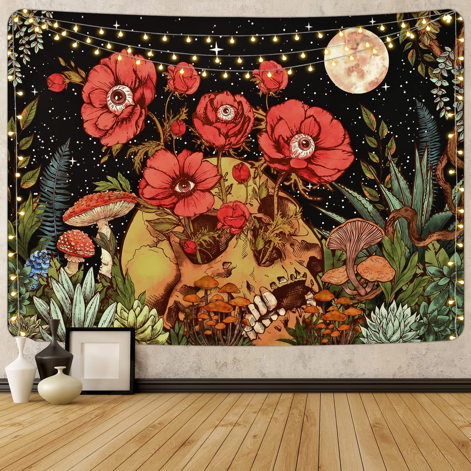 Uspring Skull Floral Tapestry Flowers Skeleton Tapestry Moon Garden Tapestry Mushroom Plants Tapestry Vintage Tapestry Wall Hanging for Room (51.2 × 59.1 inches)