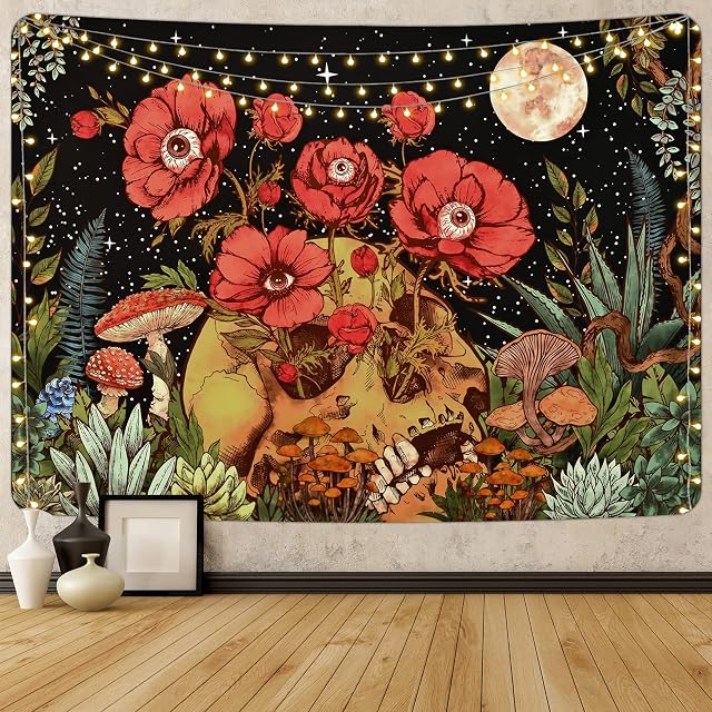 Yrendenge Tapestry Skull Garden Wall Tapestry Hippie Psychedelic Moon Wall Hanging Tapestry Flower Mushroom Decor Tapestry for Bedroom Dorm Room Decoration 83*59 inch (210*150cm)