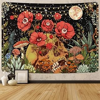 Skull Floral Tapestry Flowers Skeleton Tapestry Moon Garden Tapestry Mushroom Plants Tapestry Trippy Vintage Tapestry Wall...