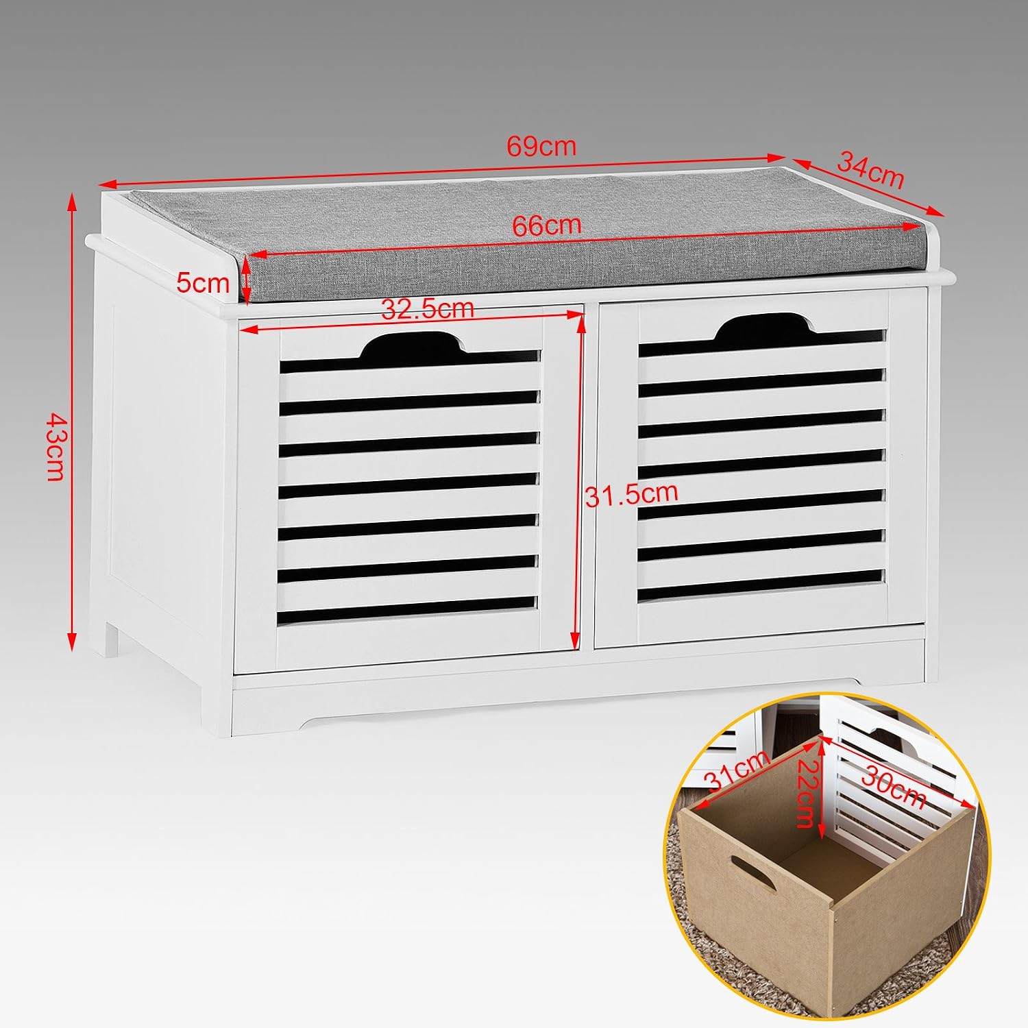 Diagram showing the dimensions of the SoBuy FSR23-K-W shoe bench.