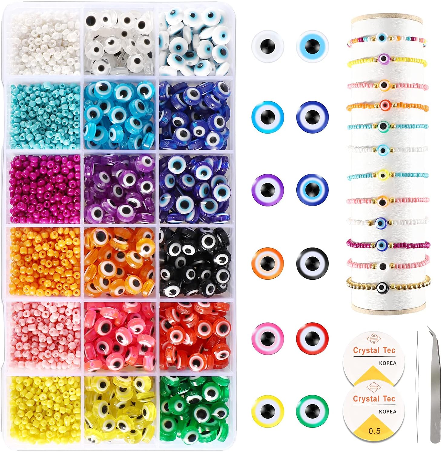 PHUNTTEK 2400pcs Seed Beads and Evil Eye Beads Halloween Beads for Jewelry Making, 3mm Glass Seed Beads 8mm Flat Evil Eye Colorful Bracelet Beads Kit for Bracelets Making DIY Gift Beading Supplies