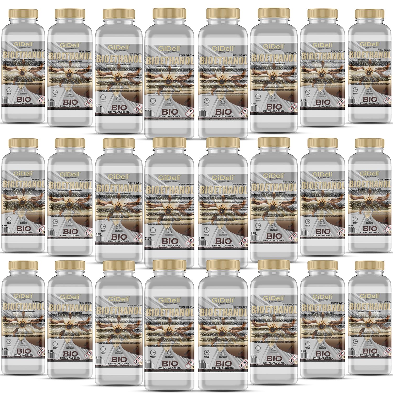 GiDeli bioetanolo 24 x 1 l profumo di vaniglia 96,6% etanolo per camini interni ed esterni, senza fumo e fuliggine, da mais e barbabietola da zucchero