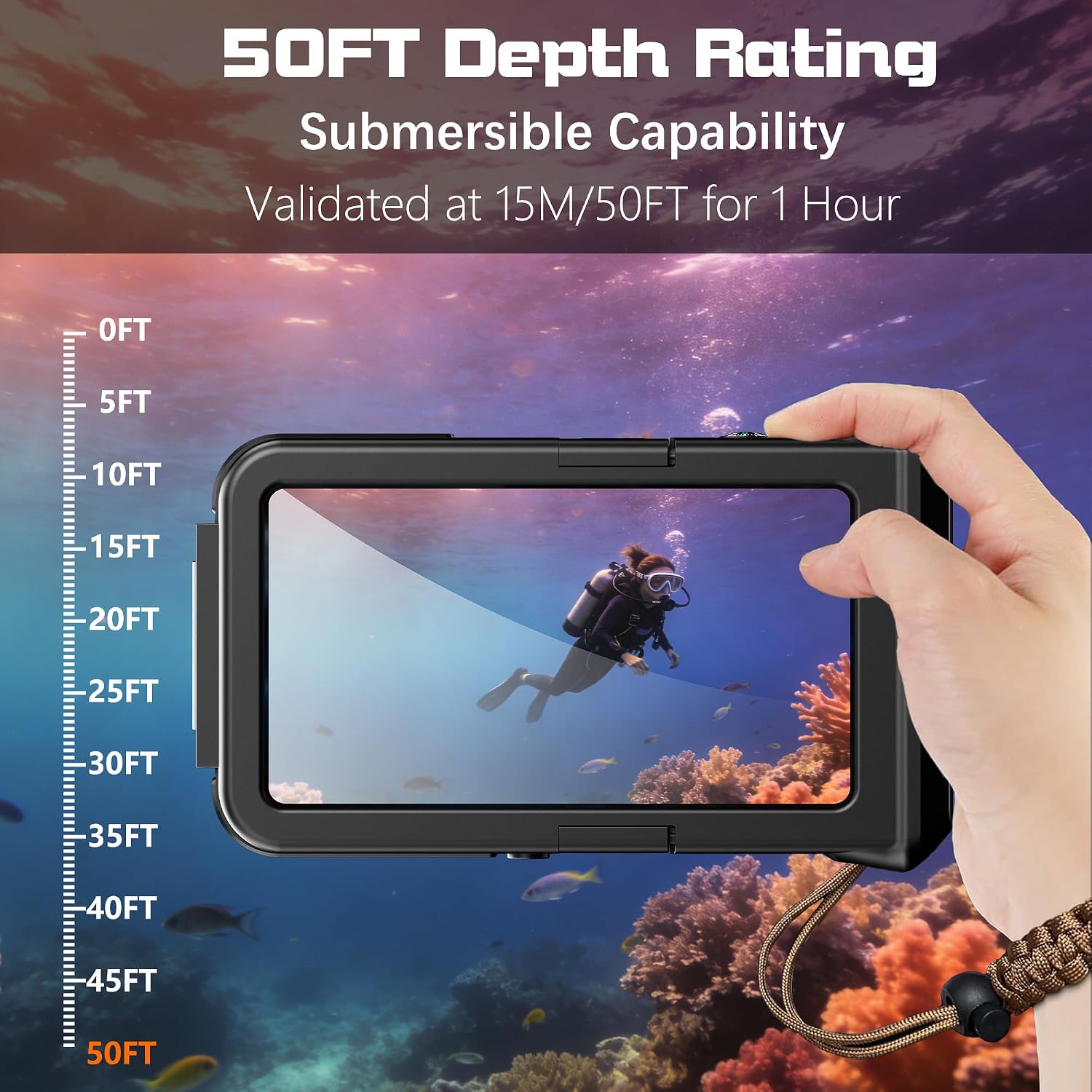 2026 IP68 Waterproof Diving Phone Case, 50FT 1H Underwater Photography for iPhone 17/16/15/14/13/12 Series, Fit 5.4"-6.9" Left Volume Button Phones, Air Vent Sensitive Touch,Black&Orange