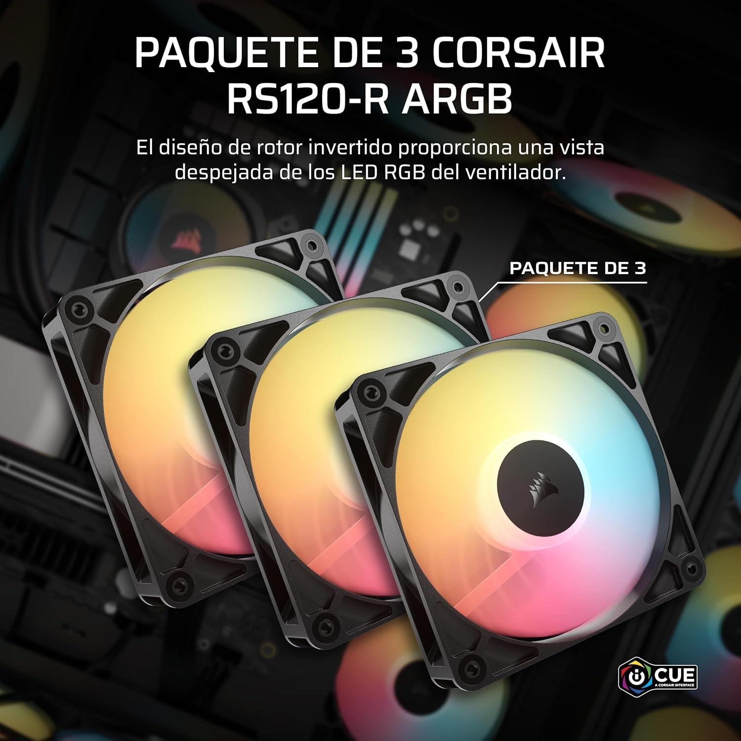 CORSAIR RS120-R ARGB 120mm PWM Ventilador Flujo Inverso – Conexiones ARGB de +5V, 8 LED RGB, Alta Presión, Cadena Daisy, Rodamiento Magnético, Zero RPM, Pack de 3 – Negro 3