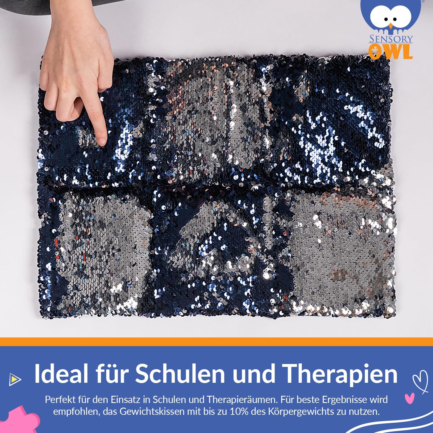 Gewichtskissen Gewichtetes Schoßkissen Beschwertes Kissen Kinder Erwachsene Sensorisch Stressabbau Autismus ADHD Hilfsmittel Pailletten Glasgranulat 30 x 40 cm 4 kg Marineblau Silber