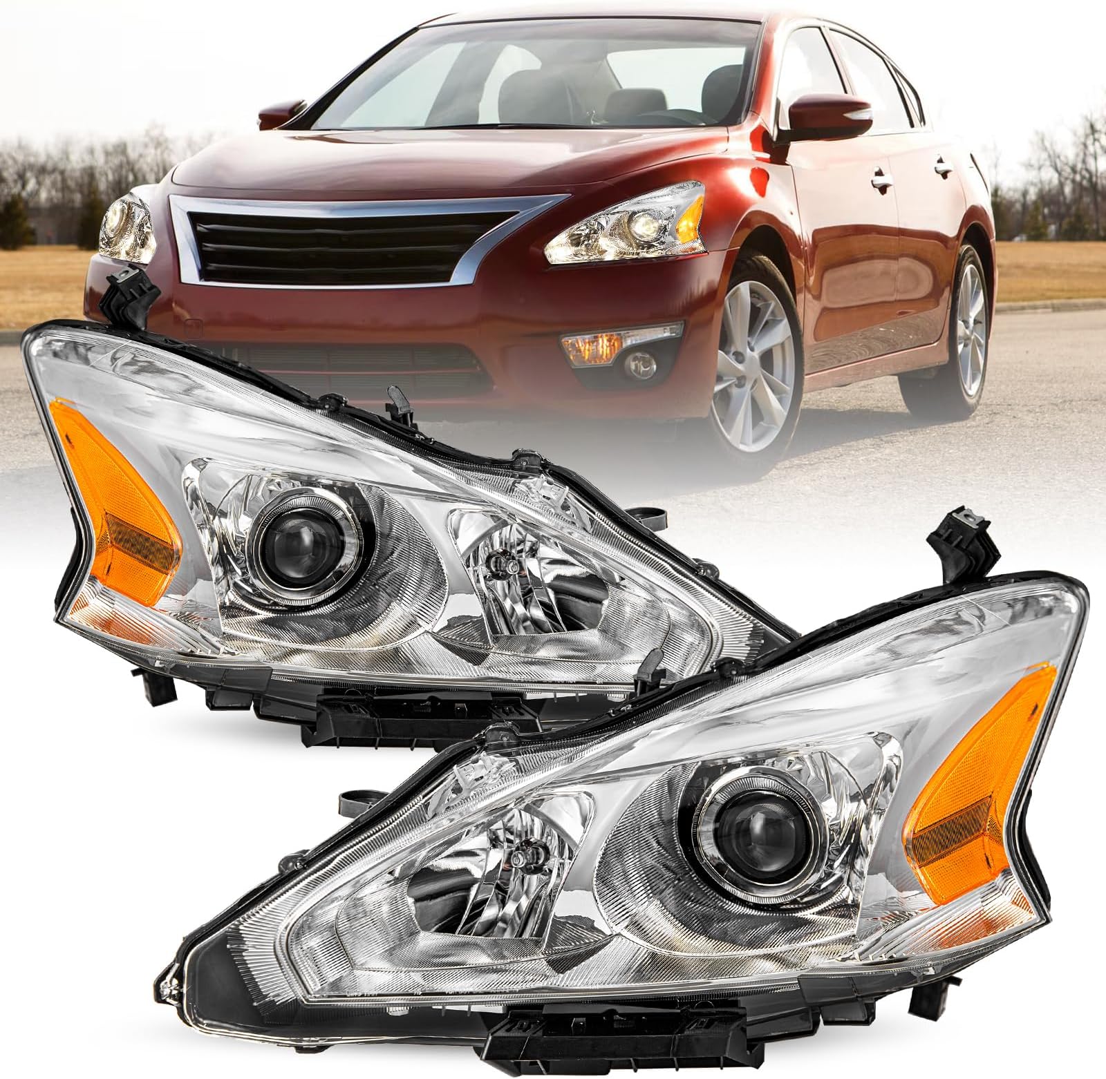 Headlight Assembly Compatible with 2013 2014 2015 Nissan Altima 4-Door Sedan Halogen Replacement 13 14 15 Altima 4Dr Headlamps Chrome Housing Amber Reflector Driver & Passenger Side