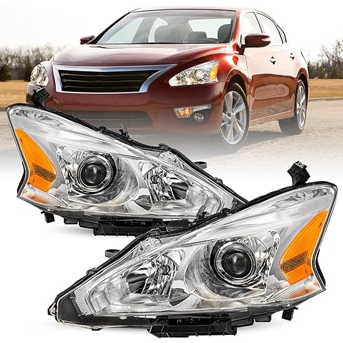 Headlight Assembly Fit for 2013 2014 2015 Nissan Altima 4-Door Sedan Halogen Replacement Chrome Housing Amber Reflector Driver & Passenger Side