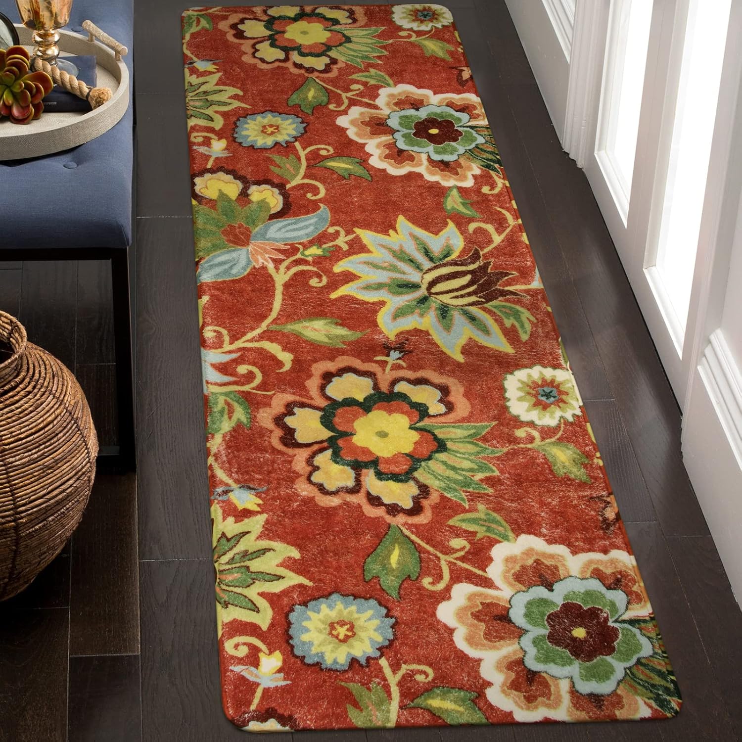 Lahome Floral 2x6 Kitchen Runner Rug, Washable Hallway Runner, Vintage Soft Non-Slip Carpet for Entryway Laundry Living Room (2'x6', Red) Cloris