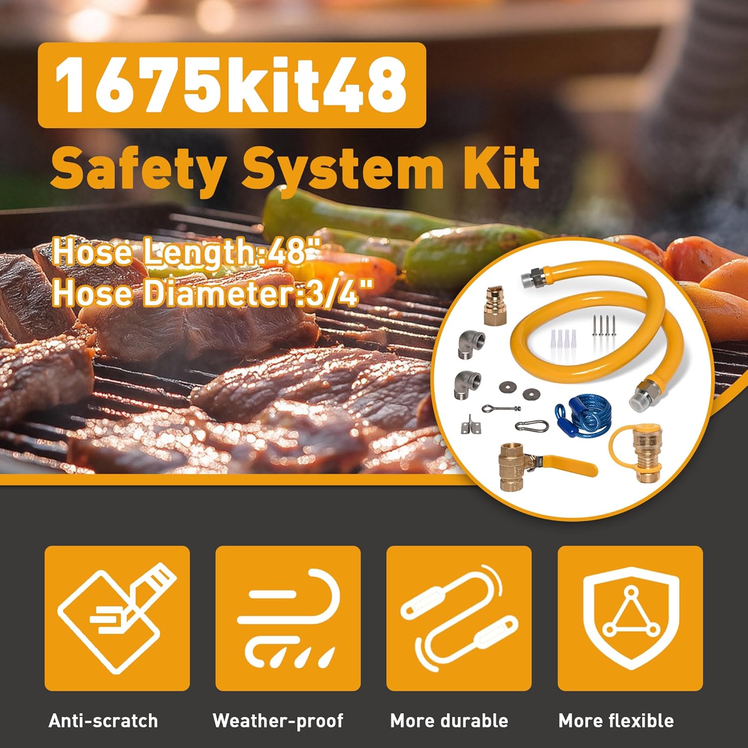 2 PACK 1675kit48 Safety System Kit, 48" Gas Hose Connector Kit with Full Port 3/4" Quick Disconnect 3/4 Gas Flex Line and 2 Elbow Fittings, Gas Line Hose for Kitchen Equipment, Restraining Devices