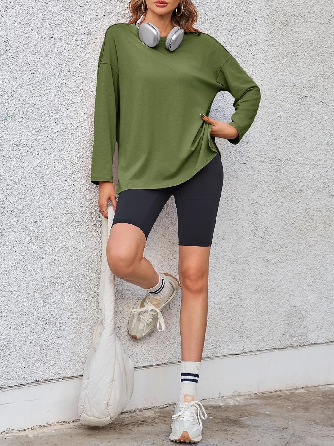 Womens Oversized Long Sleeve Shirts Crew Neck Casual Tops Loose Fit Side Slit Fall Tees - Image 6