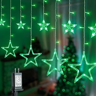 Green Star Icicle Lights,126LED 8.2FT Christmas String Lights with 8 Modes Waterproof,Clear Wire Plug Memory Timer Curtain Lights for St Patrick’s Day Holiday Yard Garden Decorations(Green)