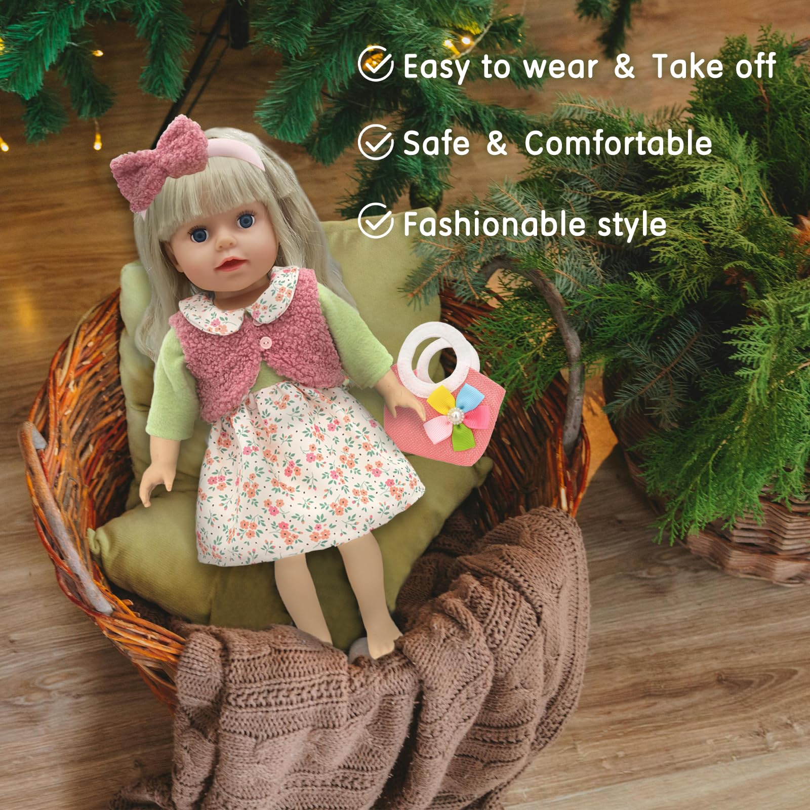 Poppenkleding, poppenkleding voor 45 cm, babypoppenkleding, geschikt voor poppen van 43 tot 48 cm, hoed, luierbody voor baby's, sokken, mantel