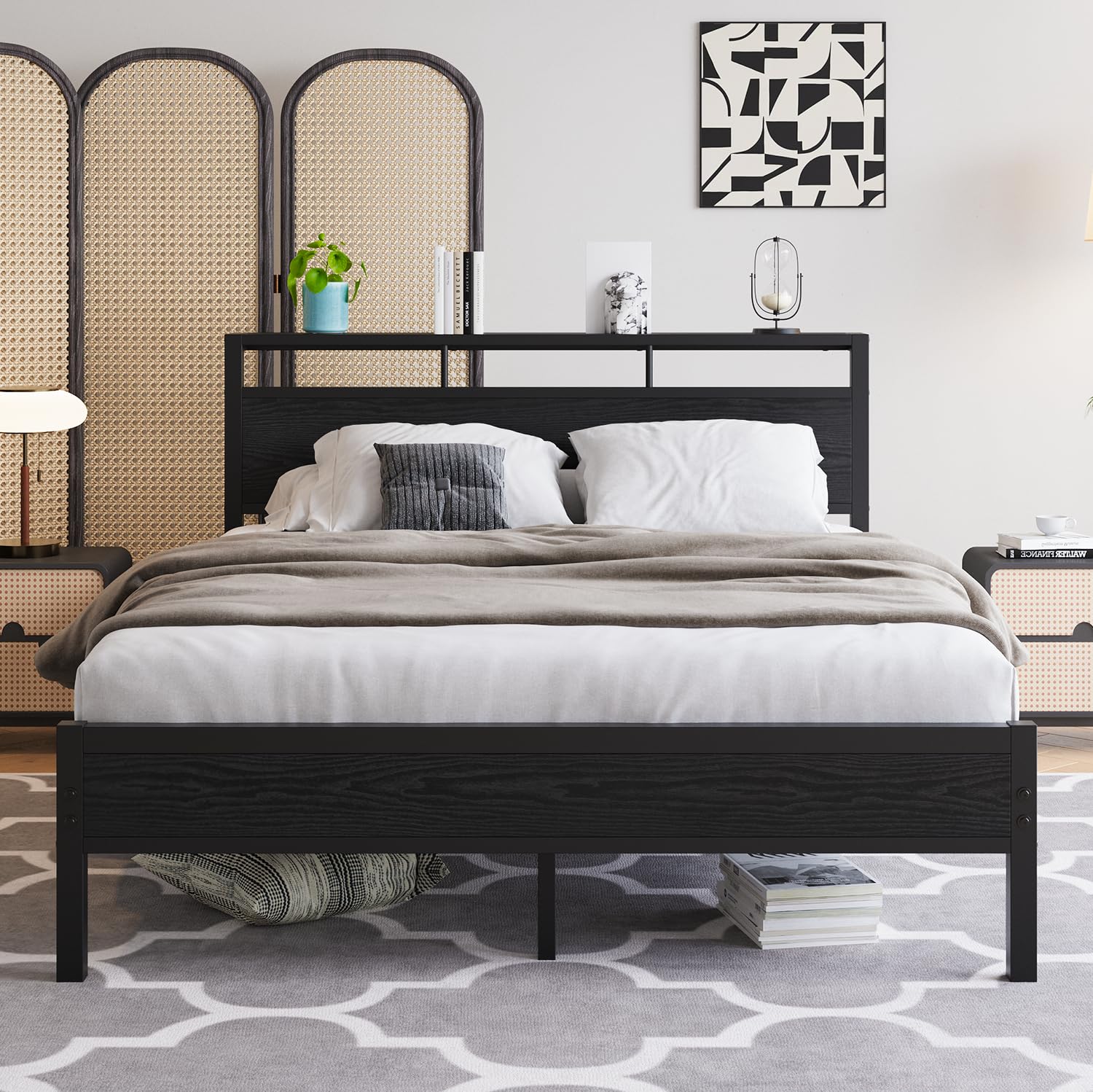 (similar to stock photo, missing hardware) queen bed frame with wood storage headboard and footboard, mattress foundation no box spring needed,under bed storage,queen size metal platform bed frame with heavy duty slats,black oak
