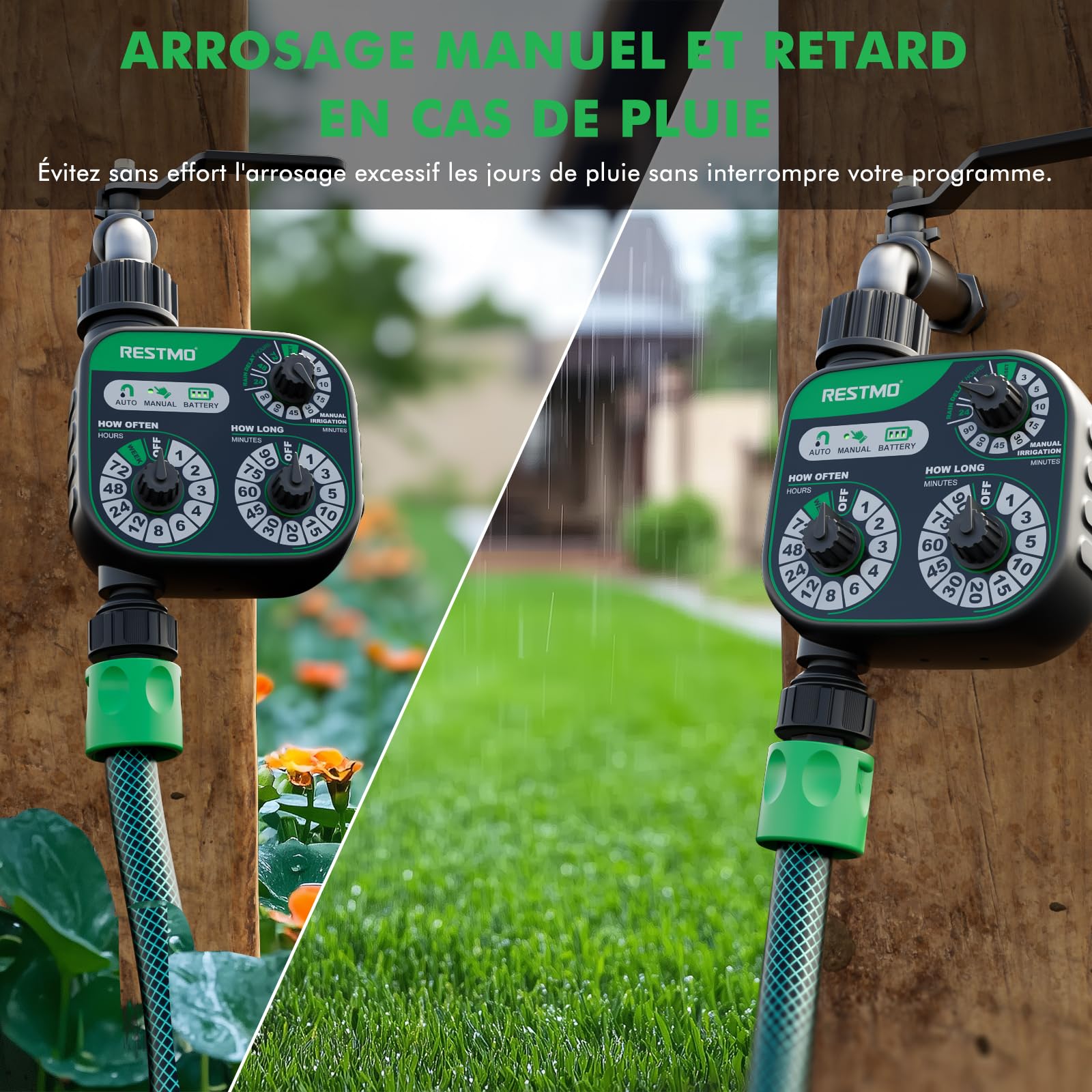 RESTMO Minuteur d'eau analogique à 3 cadrans, contrôle mécanique d'arrosage automatique avec retard manuel et de pluie, système d'irrigation pour arroseur et tuyau de jardin