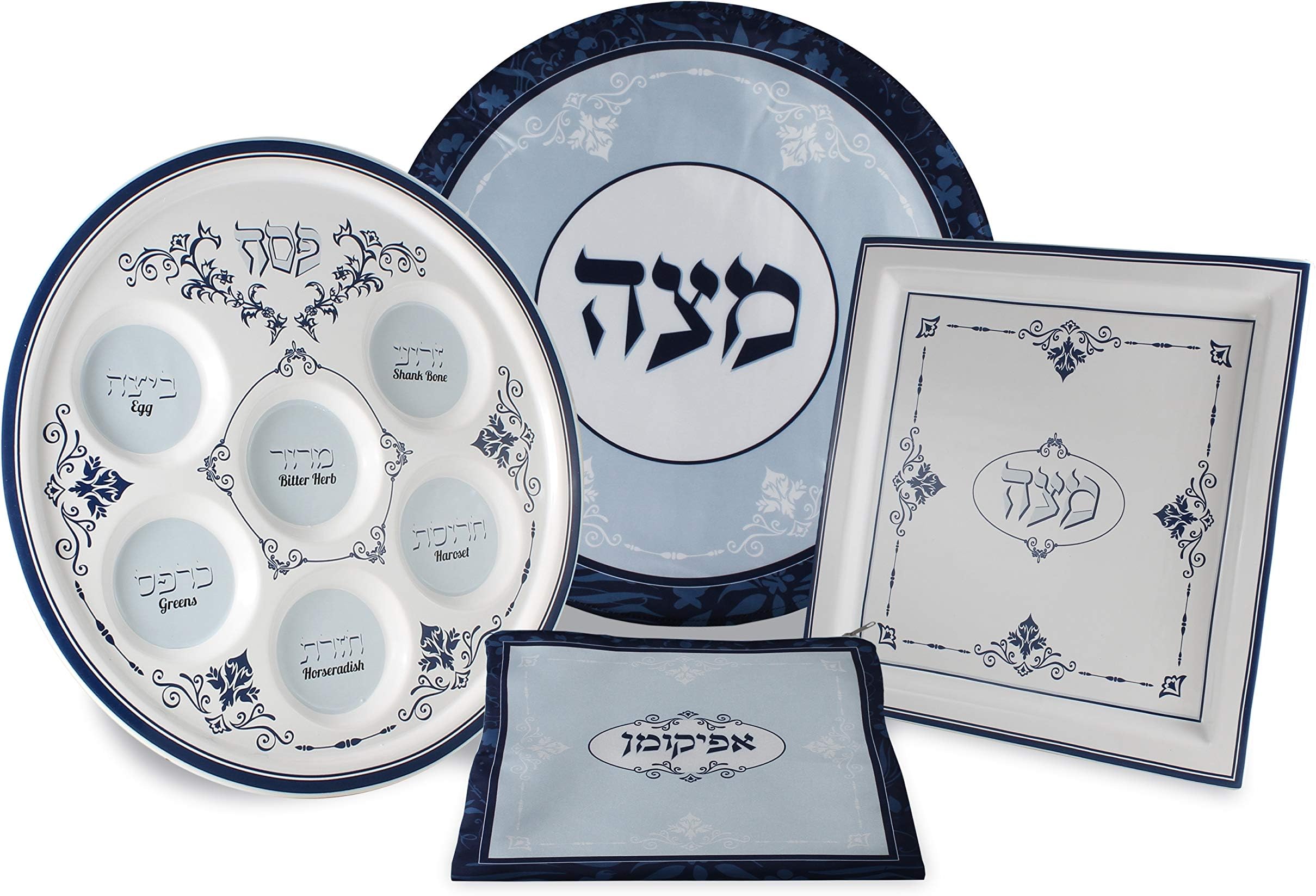 Zion Judaica Ltd Passover Seder TableTop Renaissance Collection Seder Plate, Matzah Plate, Matzah Cover Square or Round, Afikomen Bag Available Individually or Complete Set Blue PAS-REN01-RSET