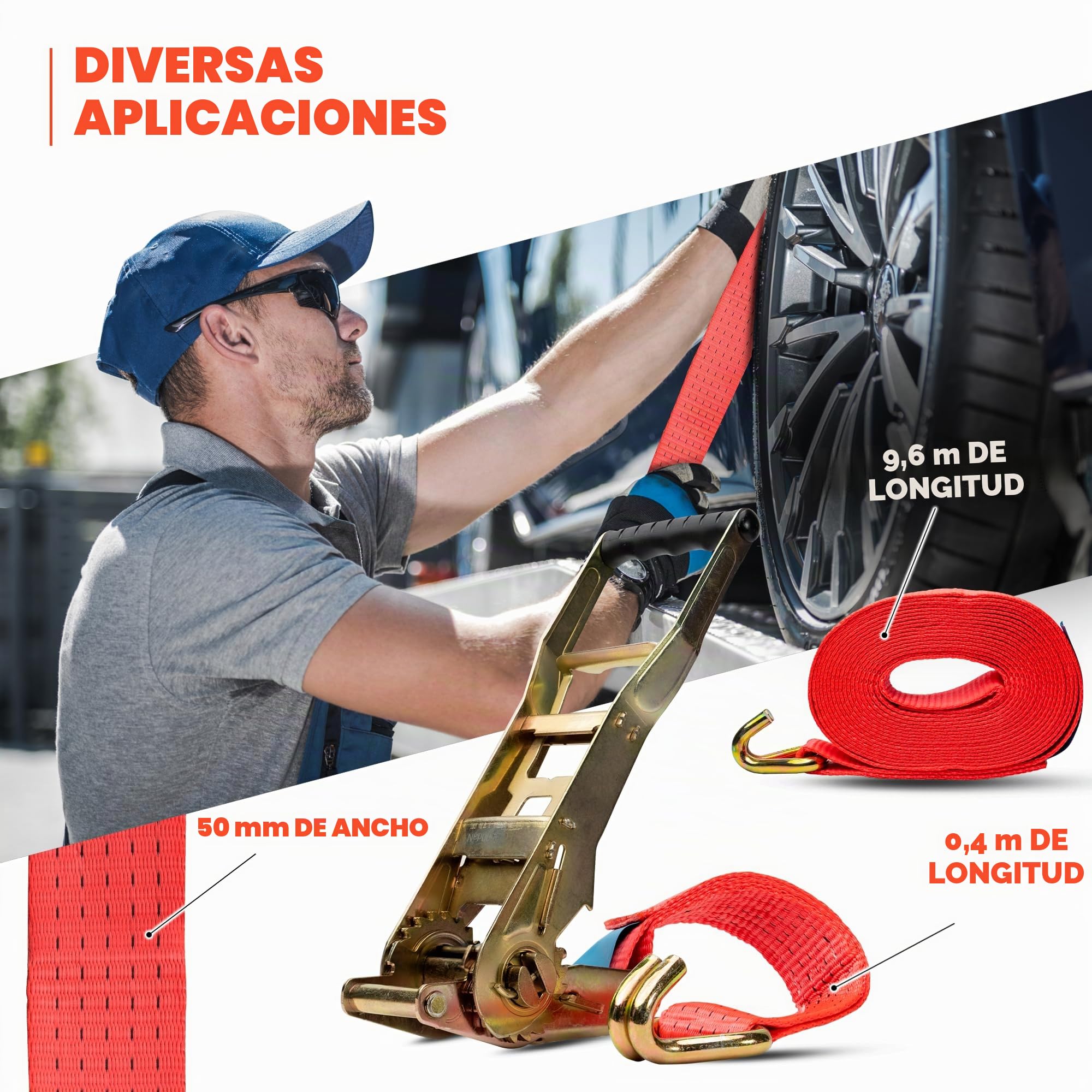 10 unidades de 5000 kg 10 m correas tensoras con trinquete Ergo y ganchos homologados TÜV/GS, correas de amarre, 2 piezas, correa de amarre para camiones, 50 mm