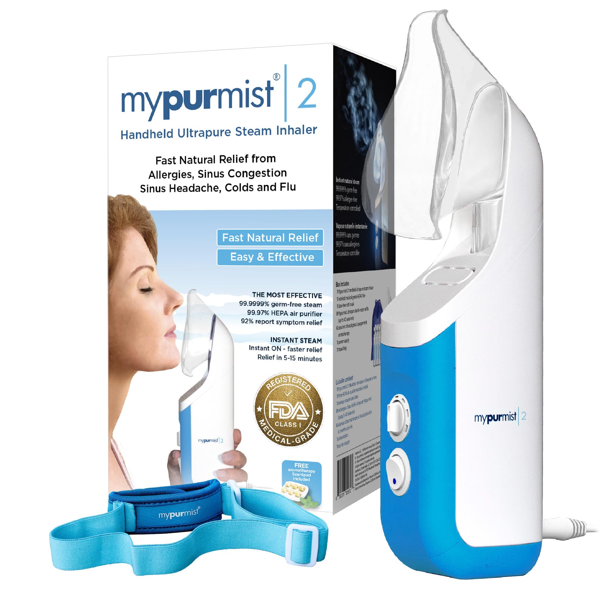 Mypurmist® Essential Kit Plus Handsfree Strap - Steam Inhaler, Personal Handheld Instant Ultrapure Steam - Sinus Congestion Cold Cough Relief Vocal Care Skincare (Plug-in)
