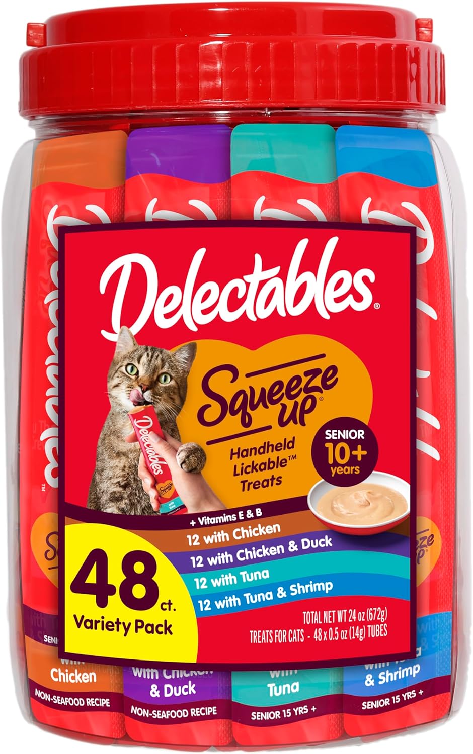 Delectables Squeeze Up Senior 10+ Variety Pack, Creamy Squeezable Puree, Lickable Wet Cat Treats, Grain Free, 0.5 Ounces Tube, 48 Tubes Total