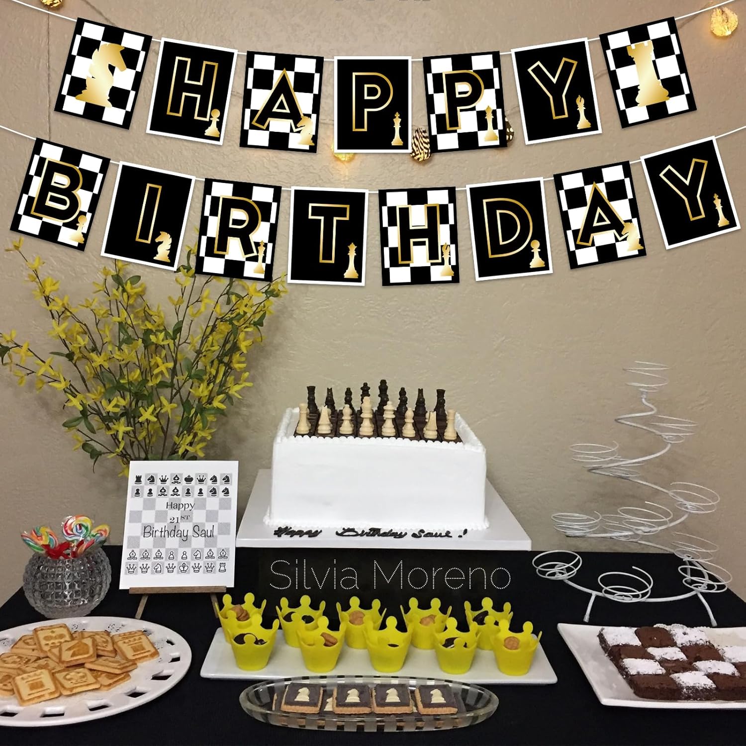 Chess Happy Birthday Banner - Funny Board Game Party Decorations for Chess Lovers - Checkered Black Decor