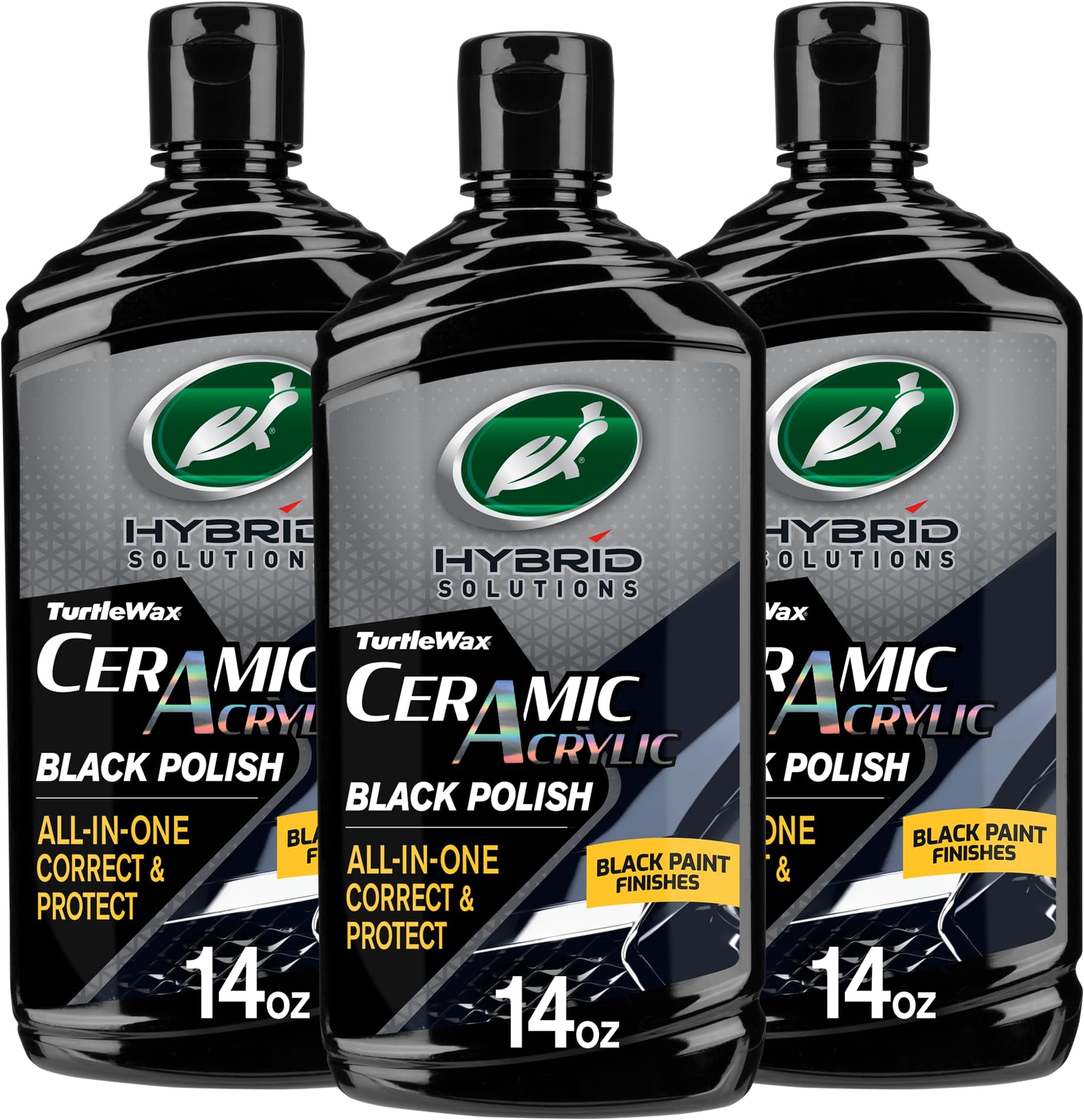 Hybrid Solutions Ceramic Acrylic Black Car Polish and Wax, Car Scratch Remover & Car Paint Restorer for Black Cars, Deep Shine, Ceramic Coating Protection & Water Beading, 14 oz (Pack of 3)