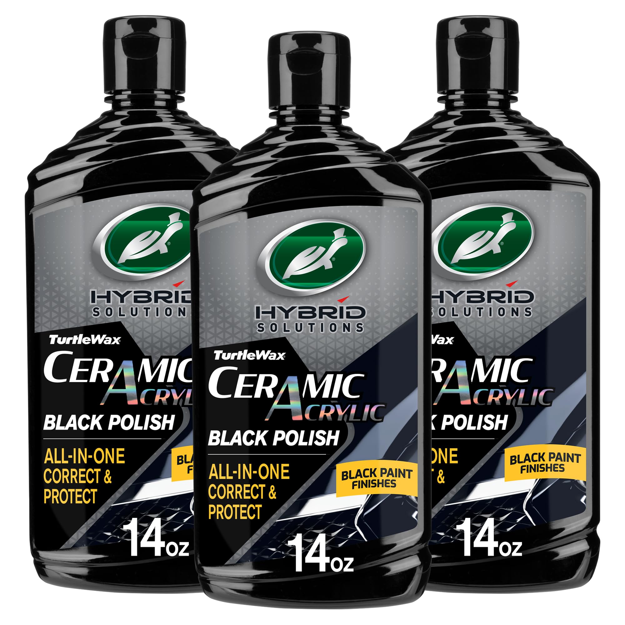 Turtle Wax Hybrid Solutions Ceramic Acrylic Black Car Polish and Wax, Car Scratch Remover & Car Paint Restorer for Black Cars, Deep Shine, Ceramic Coating Protection & Water Beading, 14 oz (Pack of 3)