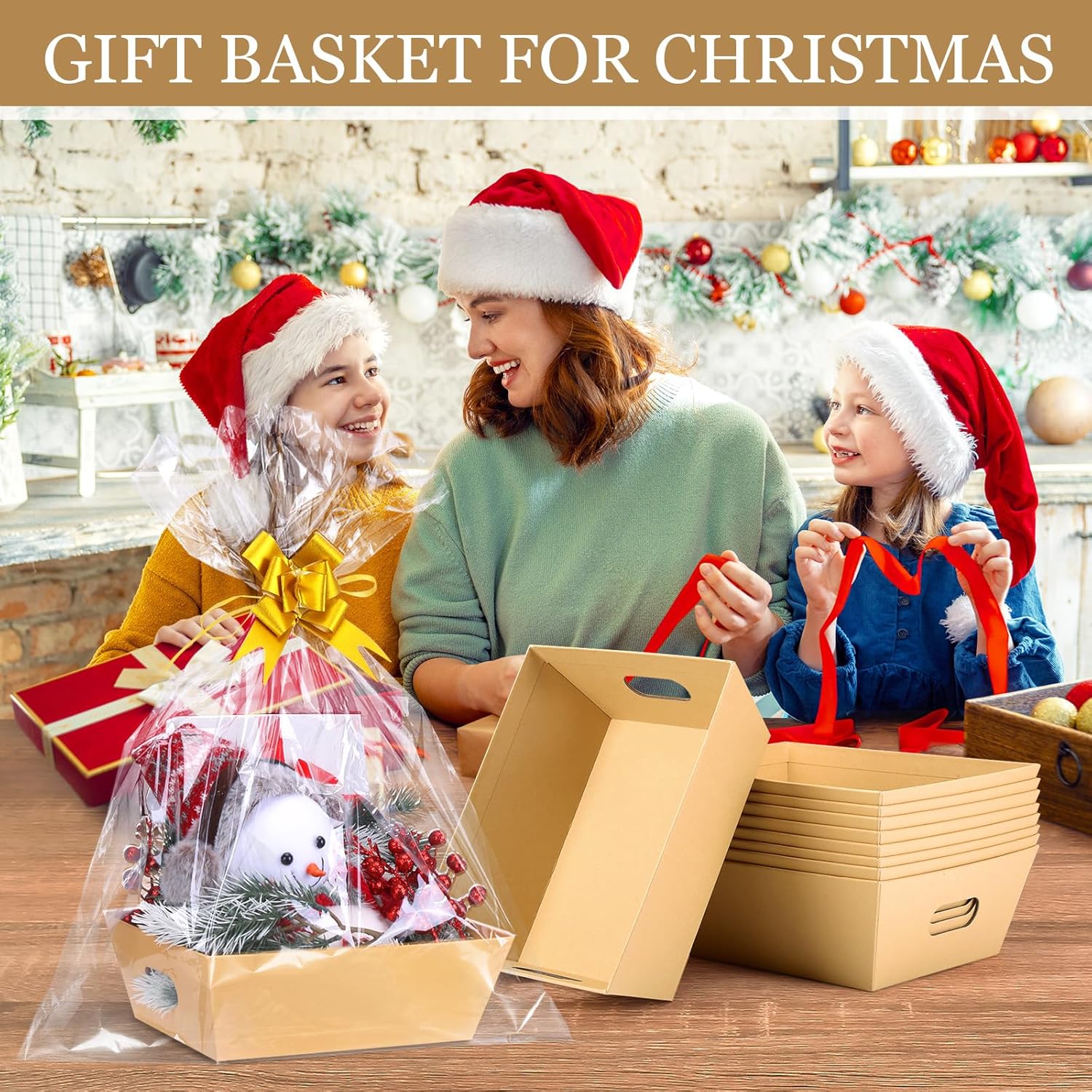 AFOROEOA 10PACK Baskets For Gifts Empty, 10 x 8”Thick Kraft Gift Basket with 10 Clear Gift Bags and 10 Pull Bows, Empty Gift Baskets for Christmas, Thanksgiving Wedding Birthday Party Wrapping Gift