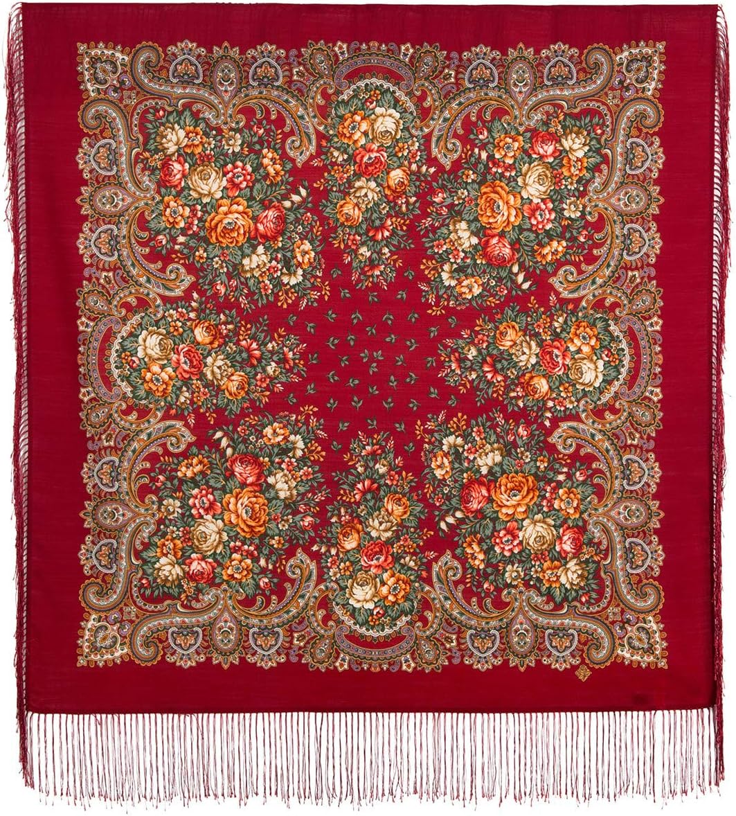 Pavlovo Posad Wool Shawl for Women with Silk Fringe 35x35'' (89x89 cm) 100% Wool Scarf for Women, Floral Wrap, Fashion Scarf