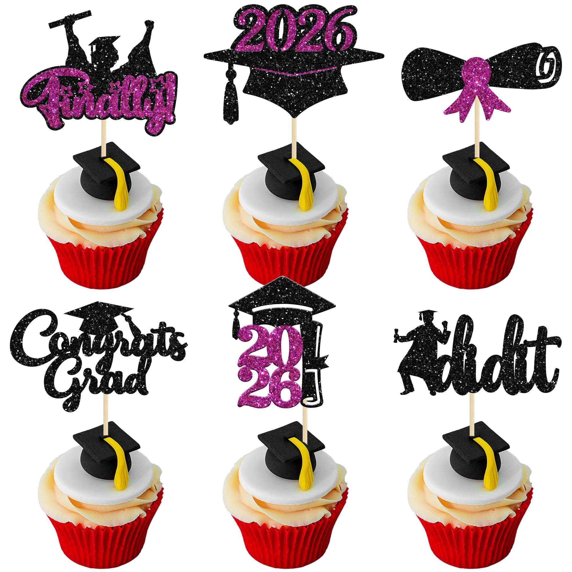 Gyufise 24Pcs Graduation Cupcake Toppers 2026 Purple Glitter Class of 2026 Cupcake Toppers Finally I Did It Grad Cap Diploma Cupcake Picks for Graduation Party Decorations