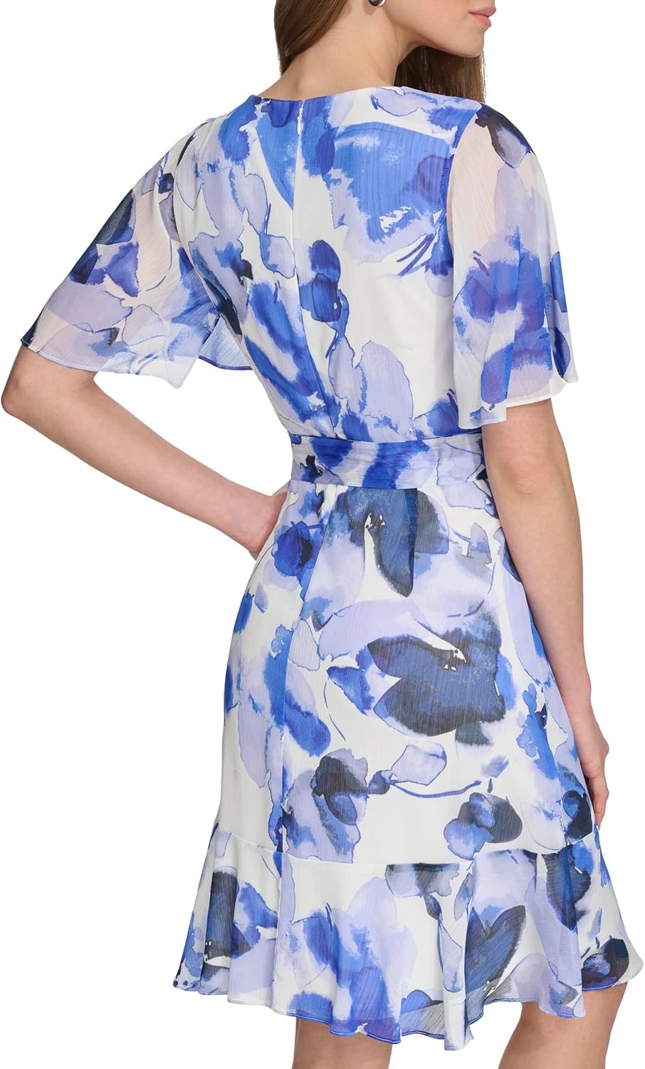 DKNY Women's Short Flutter Sleeve Surplice Belted Mini Dress - Image 4