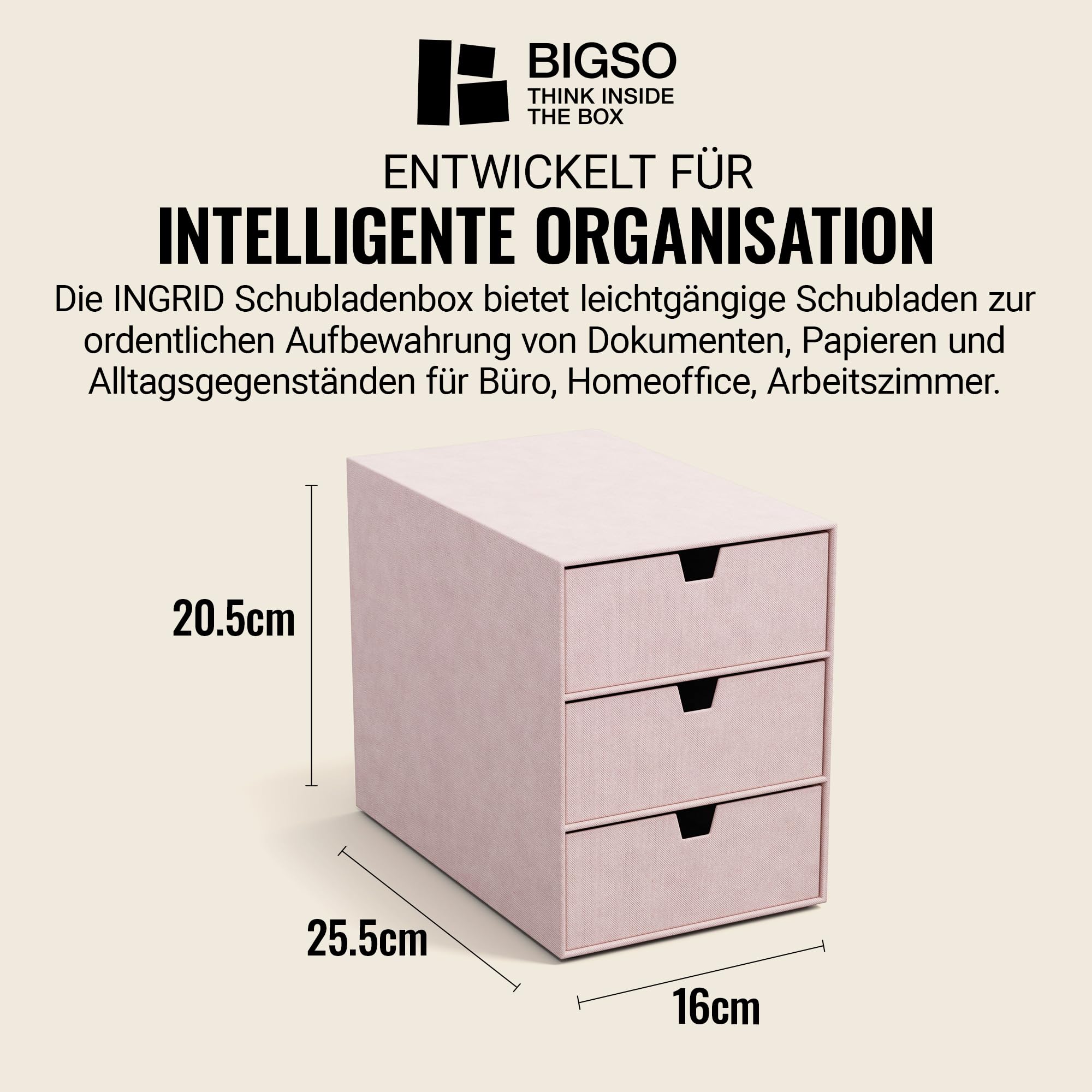 BIGSO INGRID Schubladenbox für Dokumente und Bürobedarf – Schreibtisch Organizer mit 3 Schubladen – Ablagesystem aus 100% recycelter Faserplatte und Papier in Leinenoptik – rosa