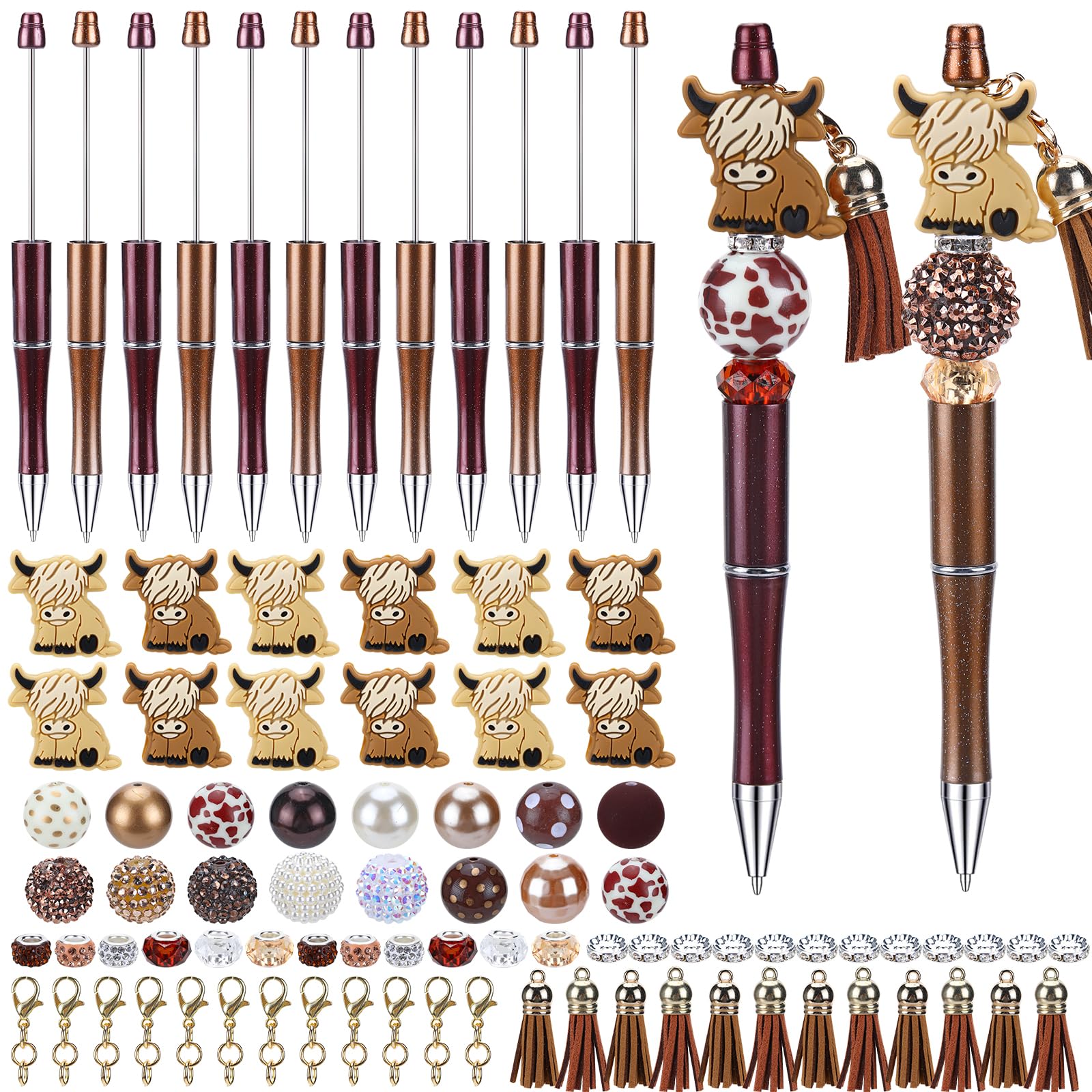 Rakuto Highland Cow Beadable Pens Bulk 12PCS DIY Beadable Pens with Beadable Keychains Bars Highland Cow Beadable Pen Kits Focal Beads Making Kit Beads for Pens Aesthetic School Office Supplies