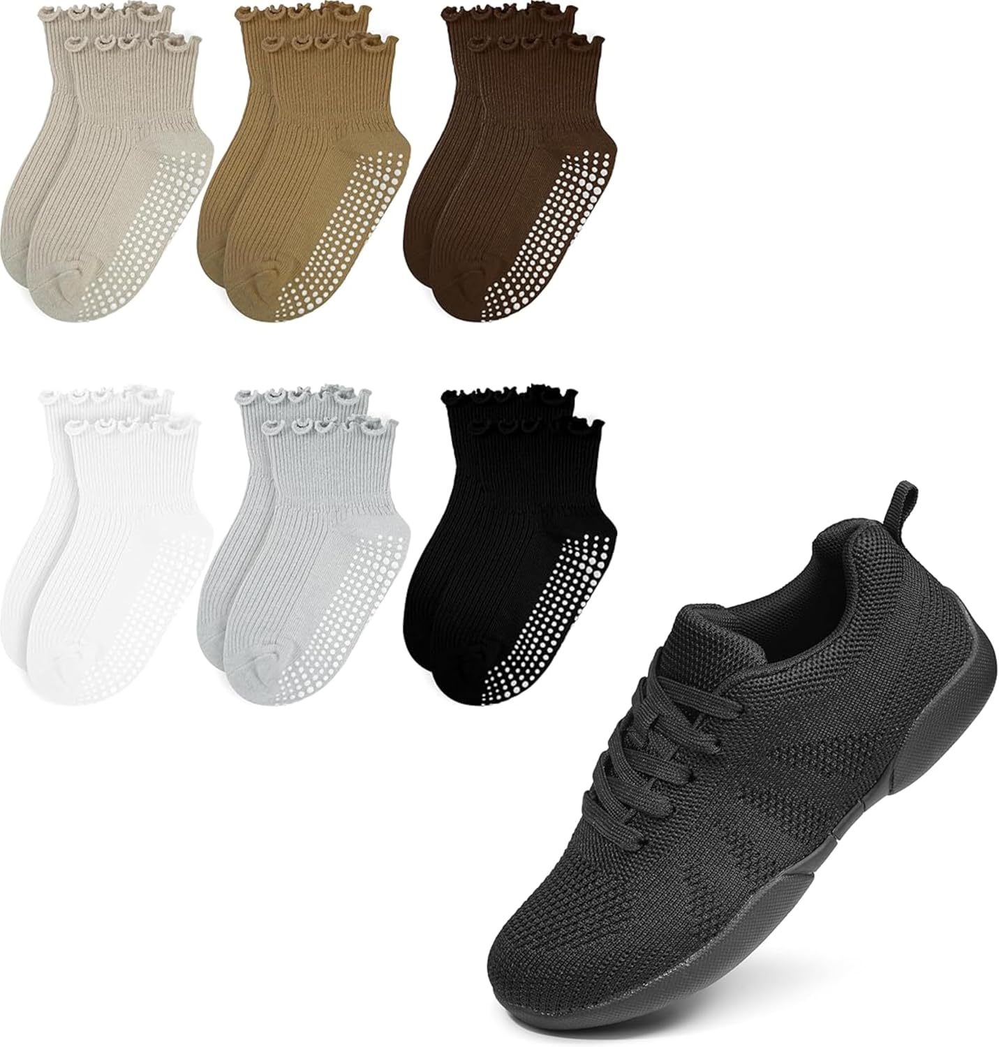 Kids Frilly Ruffle Crew Socks with Girls Cheerleading Shoes 6 Pairs White Black Grey Khaki Deep Khaki Brown 5-6 Years & Black Size 11.5 M US Little Kid