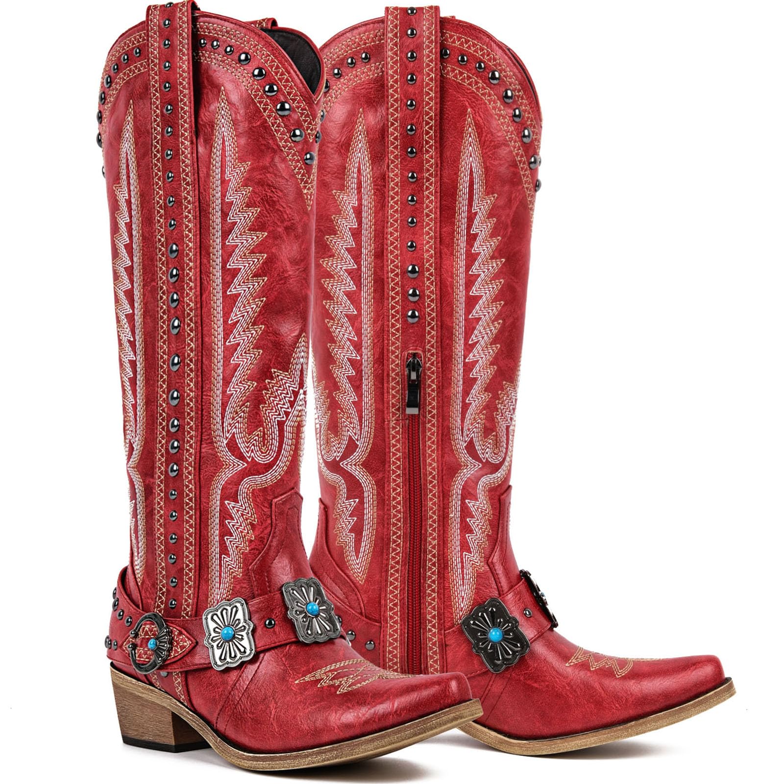Yolkomo Cowboy Boots for Women Knee High Western Cowgirl Boots with Embroidery Belt Buckle Chains