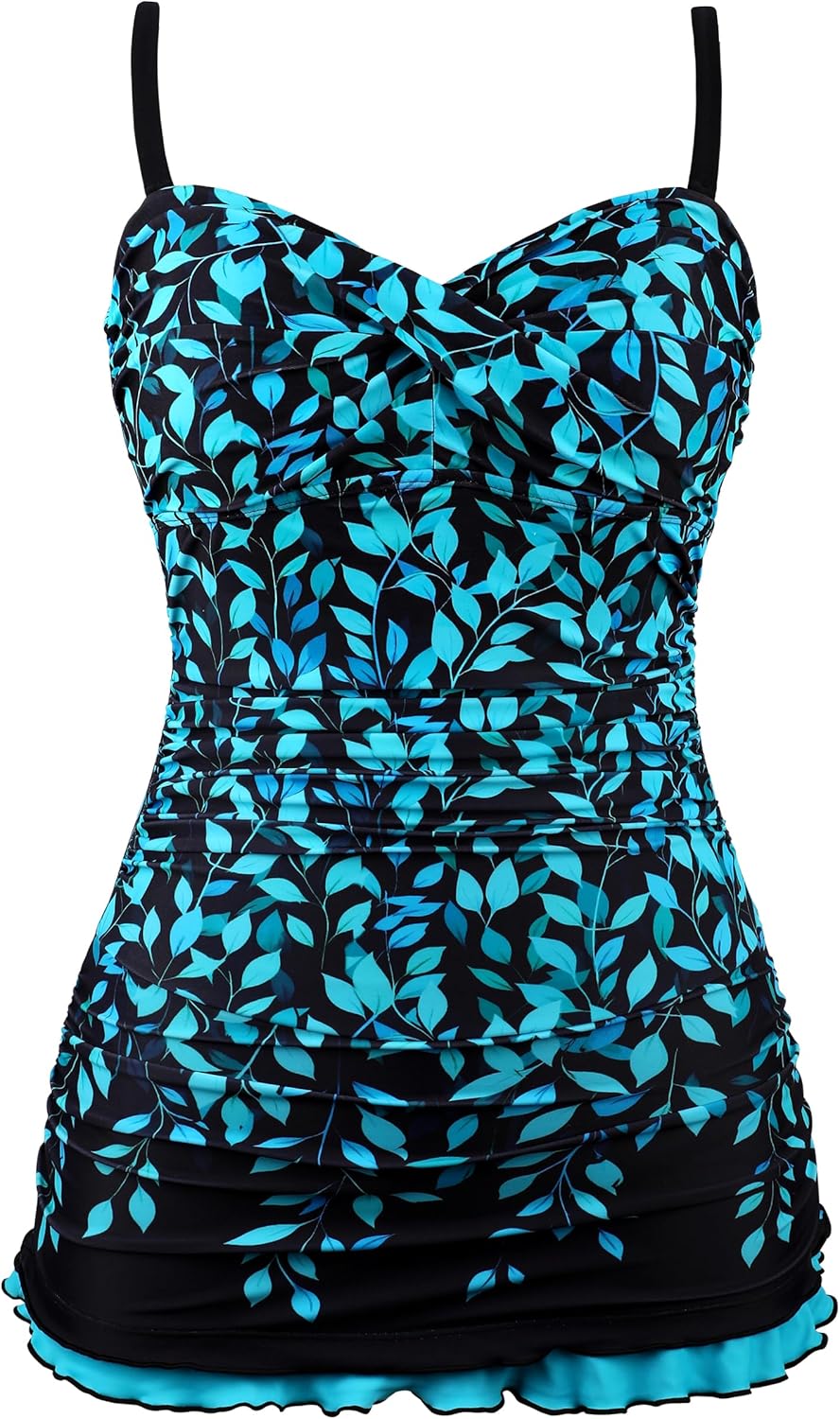 Hilor Women's One Piece Swimsuits Tummy Control Swimwear Ruffle Swim Dress with Built in Swim Brief