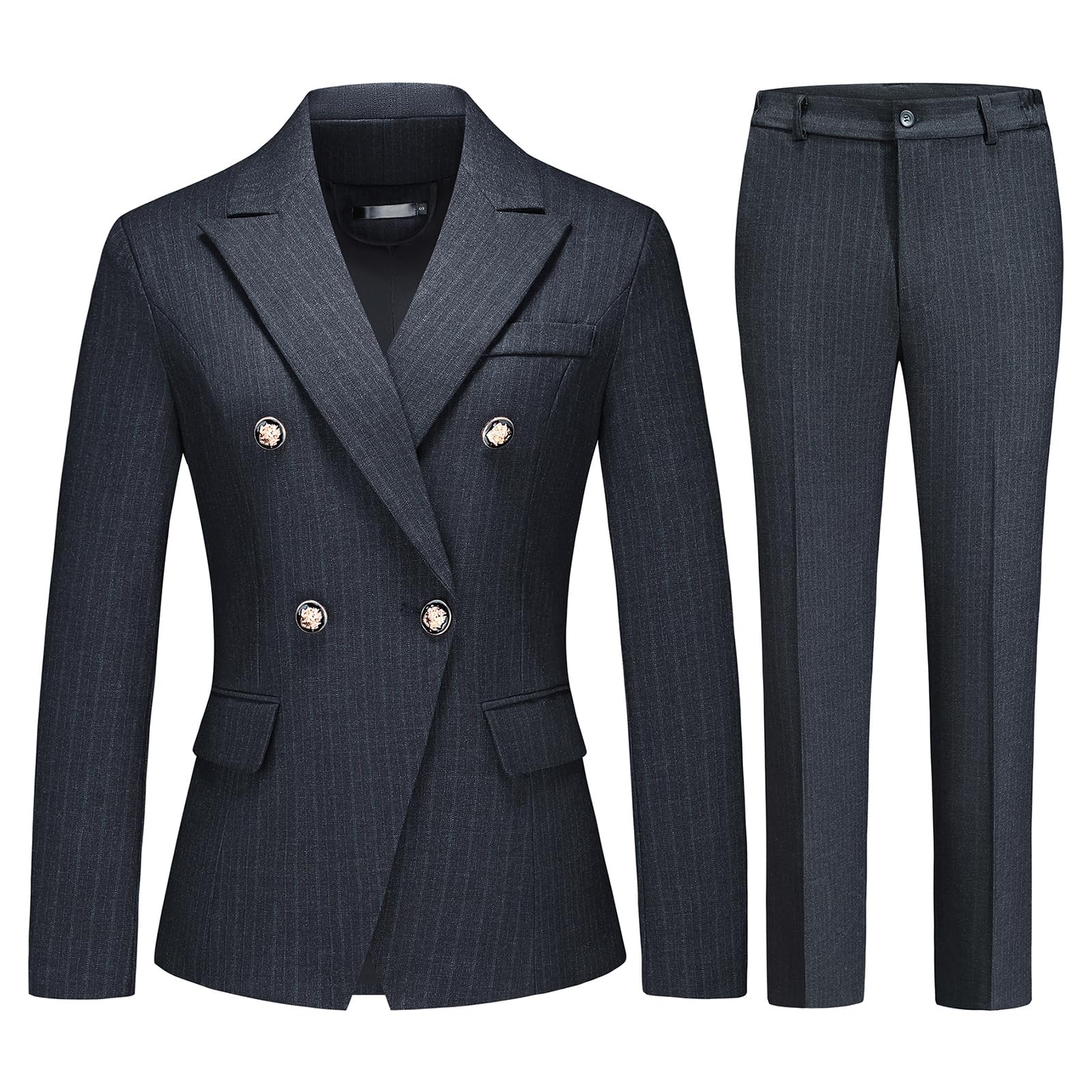 Lamgool Womens Suits 2 Piece Set Business Double Breasted Pinstripe Pant Suit Slim Fit Dressy Casual Outfits
