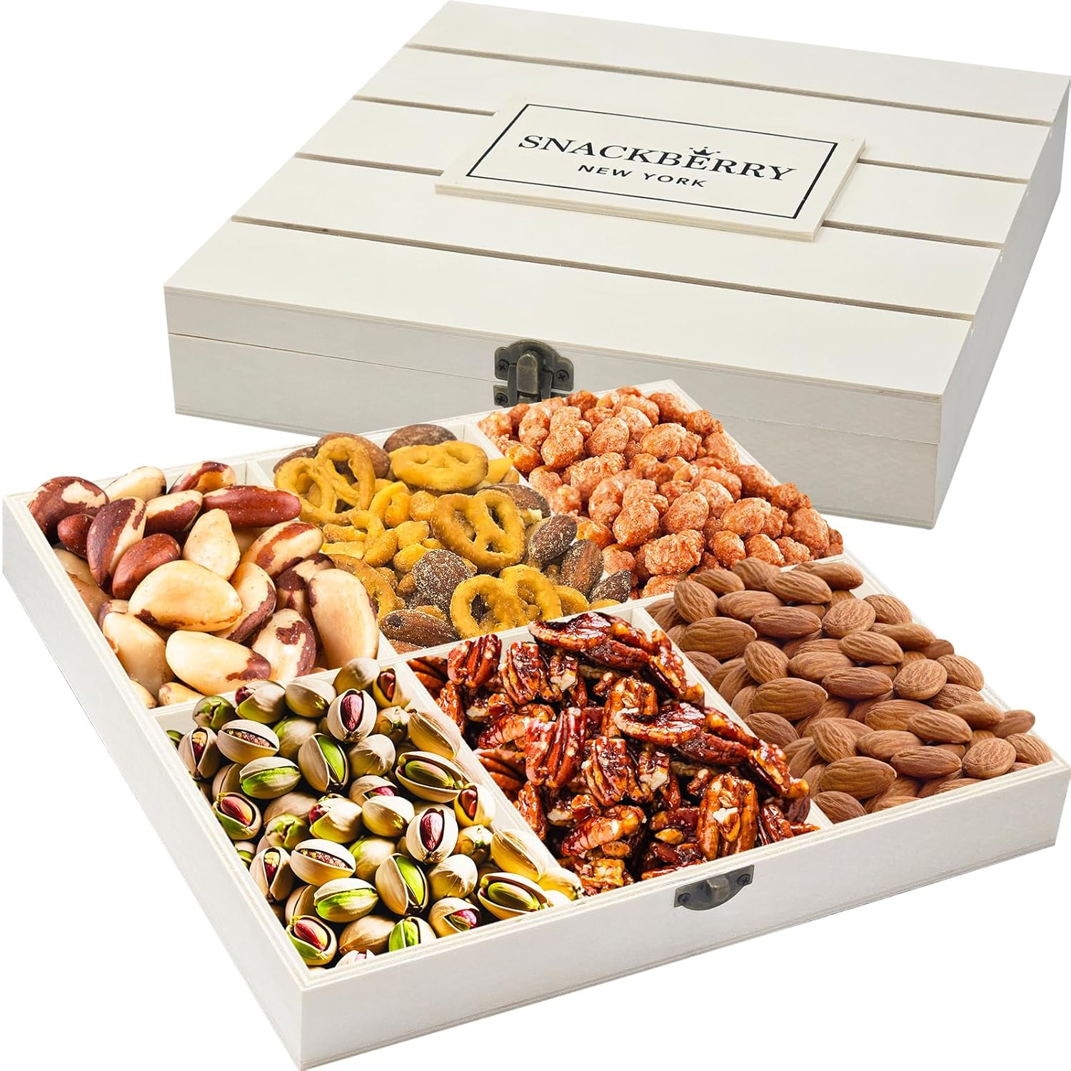 Premium Wooden Mixed Nuts Gift Basket, Gourmet, Snack Box, Gift Set For Birthday Party, Sympathy, Healthy Gift Snack Box for Men and Women, Snackberry (6 Nut Mix Variety) (Single)