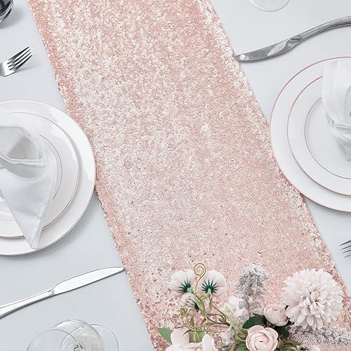 Miniatura 7 de 6 paquetes de caminos de mesa de lentejuelas oro rosa de 12 x 72 pulgadas, camino brillante para suministros de decoración de fiestas de cumpleaños,
