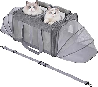 Großer Katzentransportbox für 2 Katzen und Kleine Hunde bis 15KG mit Abnehmbarem Weichem Kissen（53 x 43 x 33 cm）,Faltbare & Erweiterbar Katzentransporttasche mit,Transportbox Katze,L