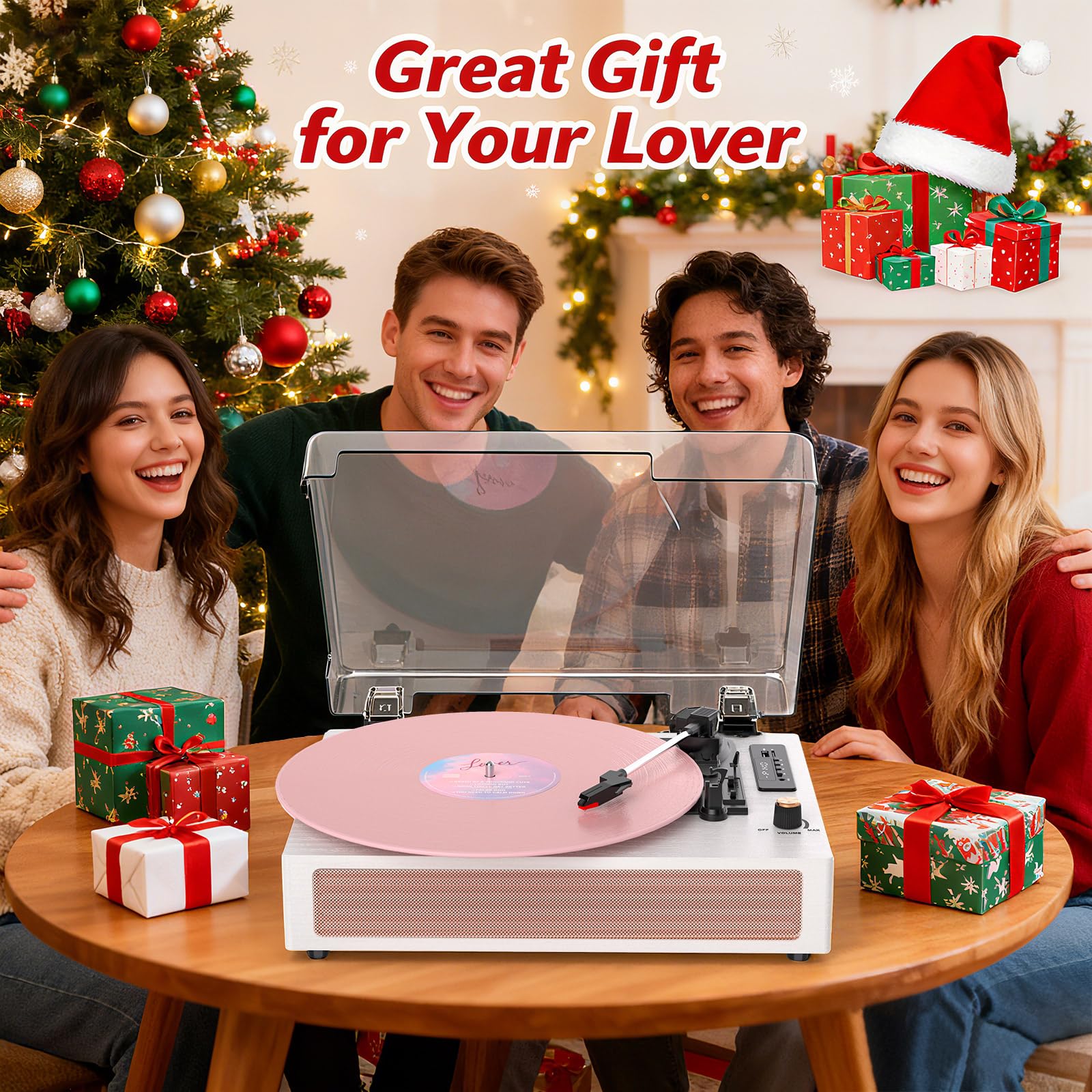 VINYLS LINK Giradischi in vinile con altoparlanti, giradischi Bluetooth con modalità EQ e display LED, giradischi vintage rosa, giradischi a 3 velocità per dischi in vinile, registrazione USB