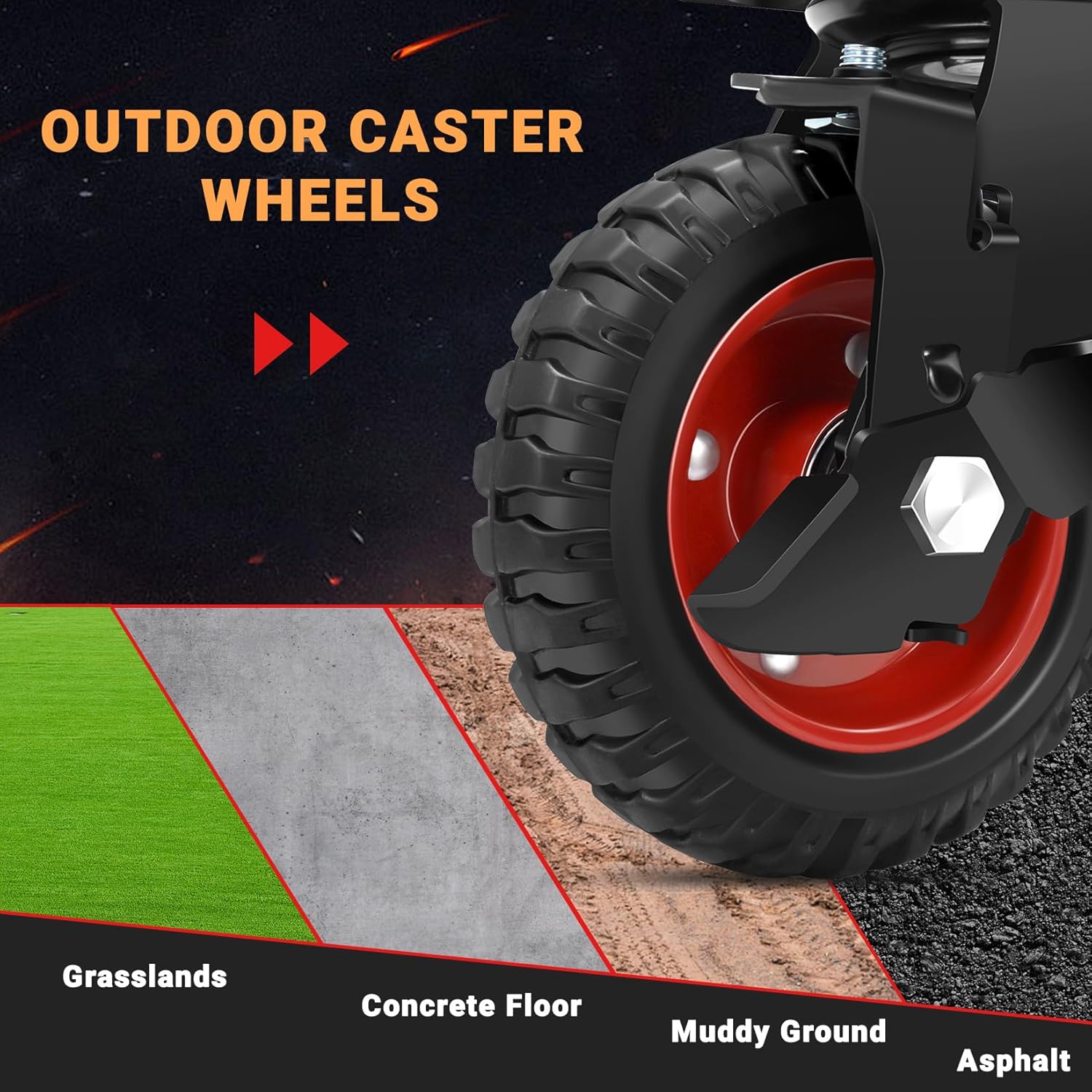 W B D WEIBIDA 6 Inch Heavy Duty Caster Wheels Set of 4, 1800 LBS Outdoor Industrial Wheels Swivel Large Rubber Casters with Brake for Workbench, Dolly, Cart, Trolley, Wagon (2 Brake & 2 Fixed)