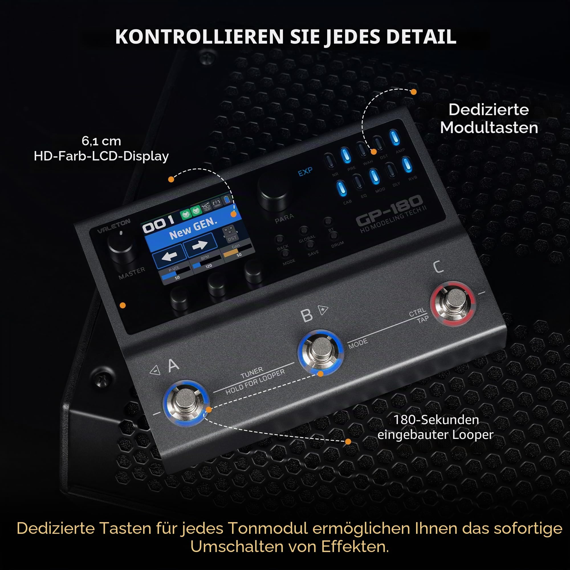 Valeton GP-180 Gitarren-Multieffektpedal – Über 200 Effekte, NAM- und IR-Loader, 12-Modul-Signalkette, 6-In/4-Out USB-Audio-Interface, Bluetooth, Looper und Drumcomputer