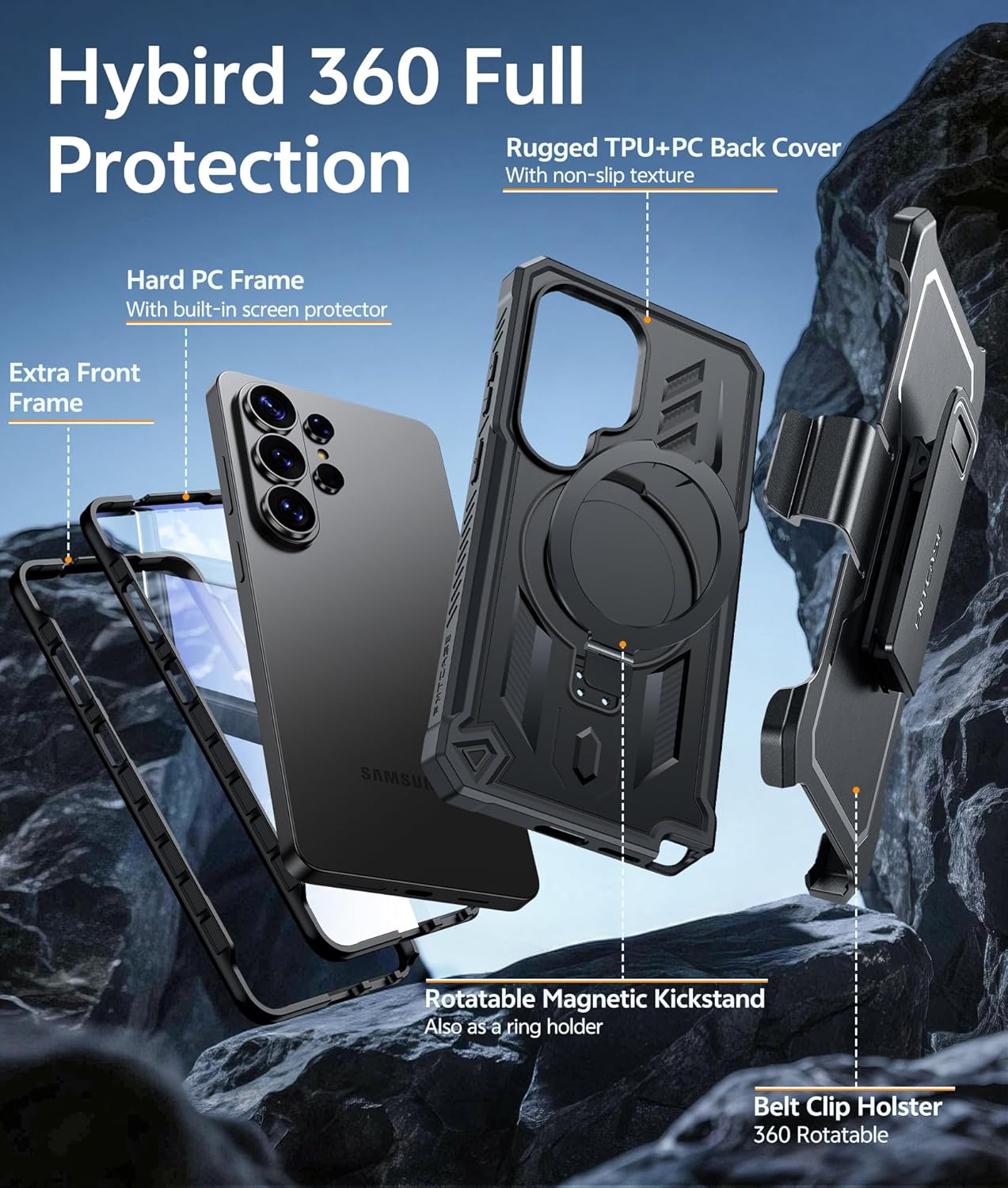 FNTCASE for Samsung Galaxy S26-Ultra Case: with Kickstand [Built-in Screen Protector & Belt Clip] [Compatible with MagSafe] [2 Front Frames] Military-Grade Rugged Magnetic Phone Cover Black