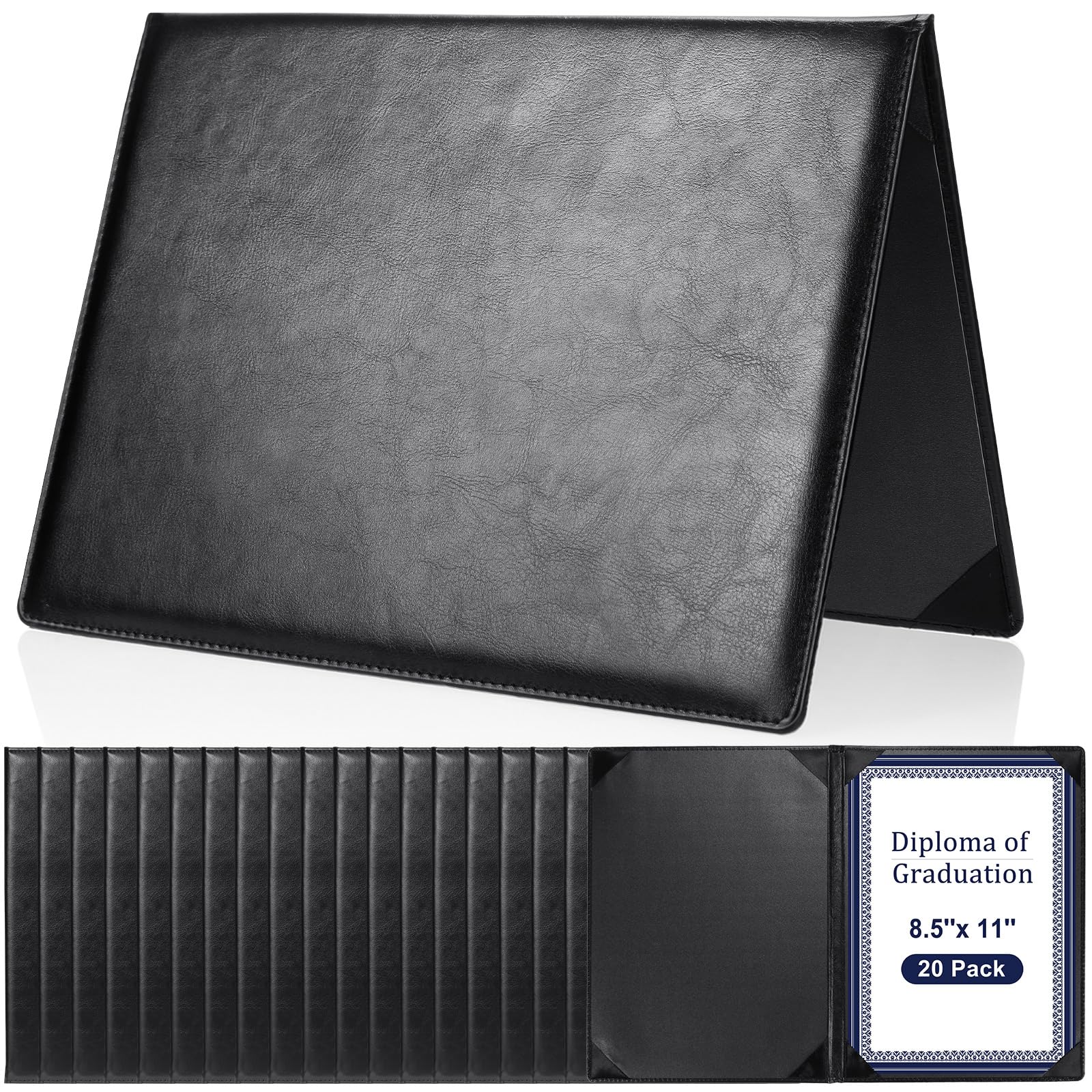 Tenare 20 Pcs Leather Certificate Holders 8.5 x 11 Inch Diploma Holder for Letter Sized Award PU Diploma Cover Smooth Certificate Folders Covers for Graduation Menu (Black)
