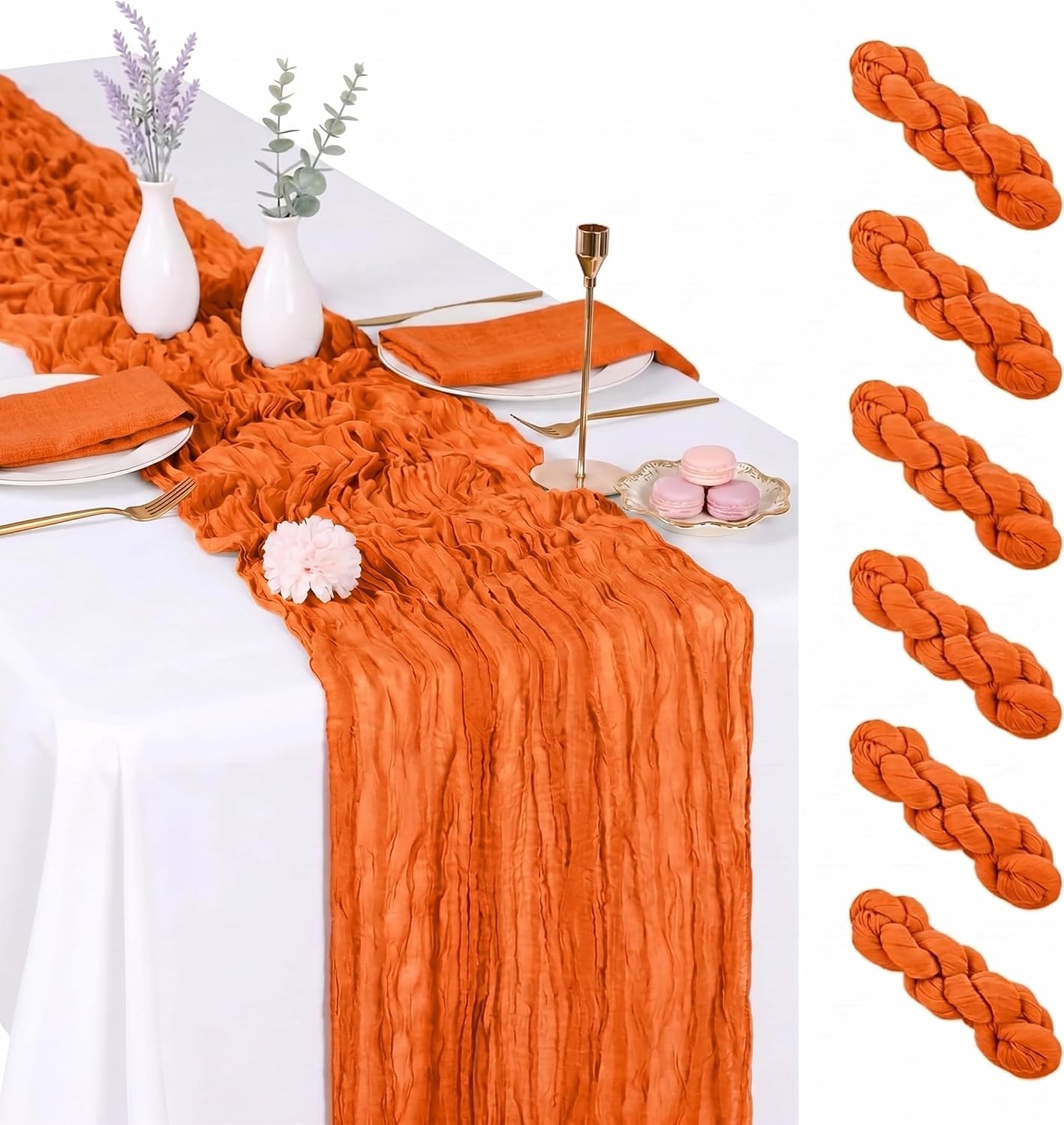 6 Pack Orange Cheesecloth Table Runner 17x108 Inch Boho Rustic Semi Sheer Gauze Cheese Cloth Table Runner for Wedding Bridal Shower Baby Shower Party Farmhouse Dining Table Decor