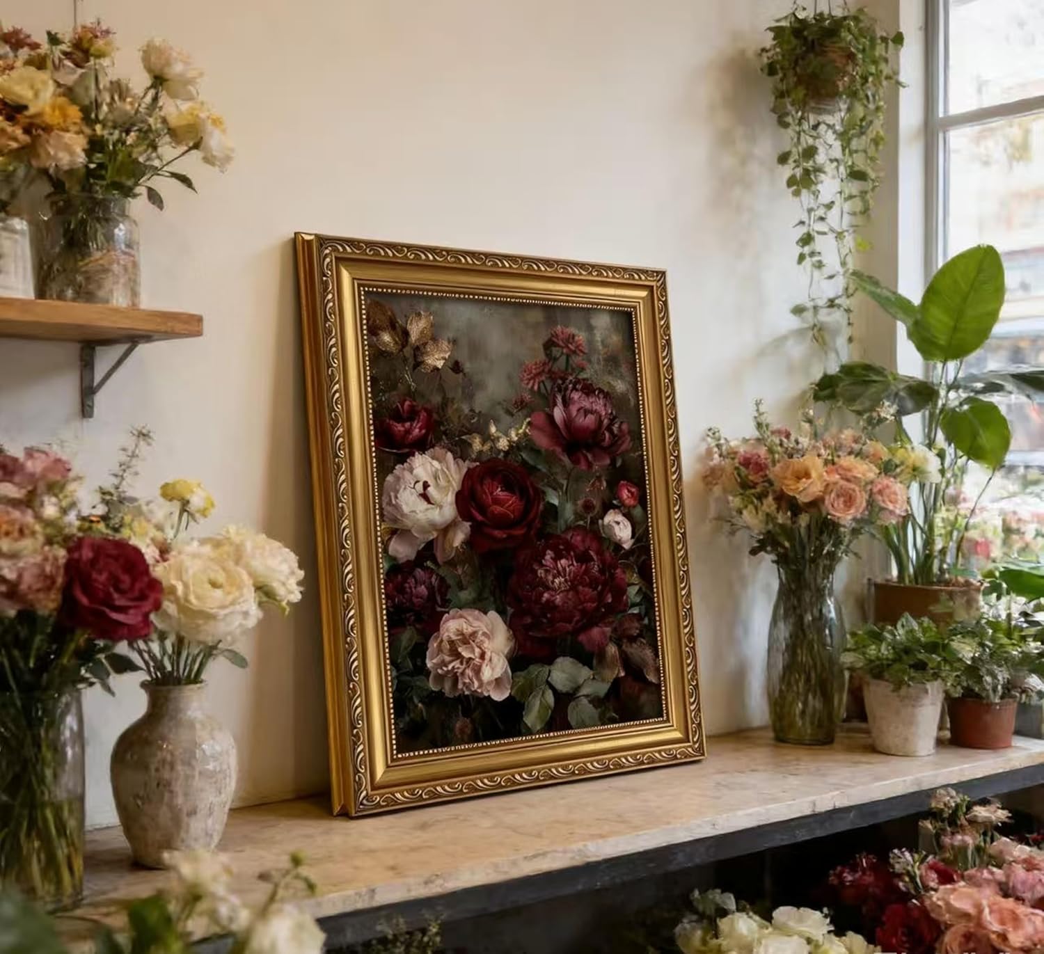 Vintage Gold Framed Floral Wall Art Dark Moody Flower Botonical Canvas Painting Picture Wall Decor Retro Rustic Peony Flowers Still Life Victorian Poster Print Artwork for Living Room Bedroom Home