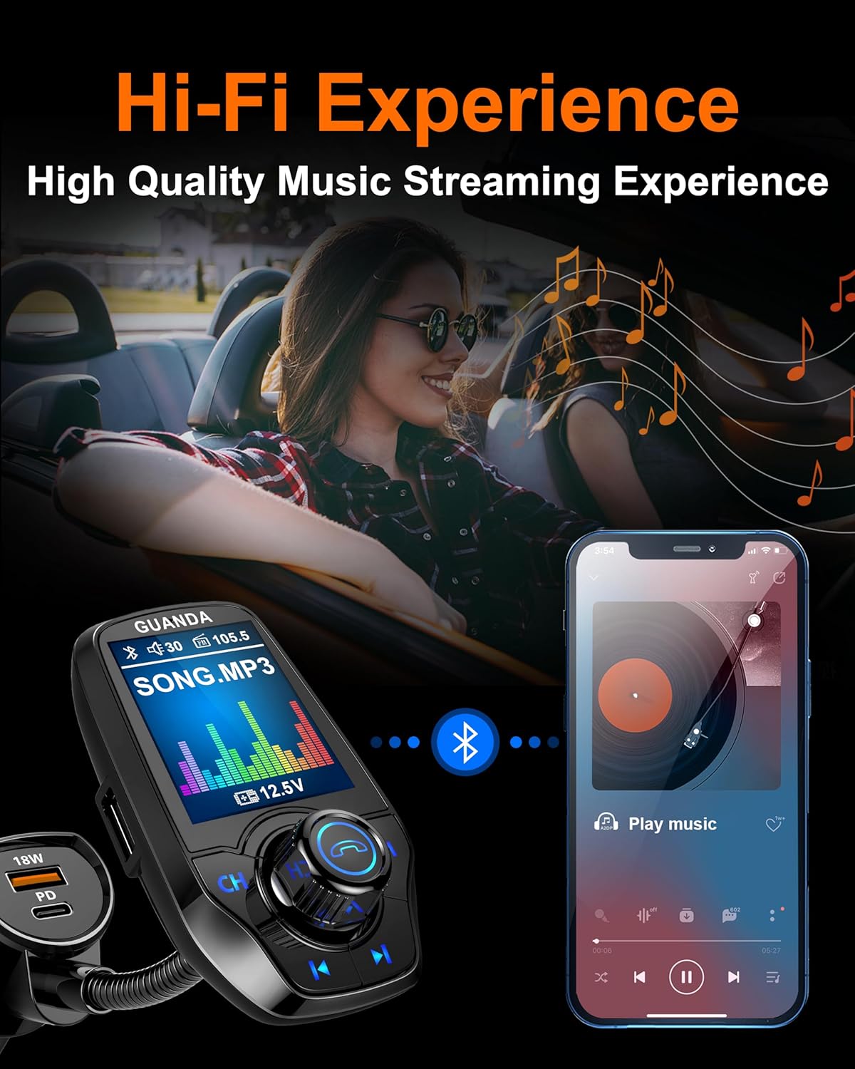 Upgraded Bluetooth FM Transmitter for Car, Wireless Radio Adapter Kit W 1.8" Color Display Hands-Free Call AUX in/Out SD/TF Card USB Charger PD 20W for All Smartphones Audio Players - Black