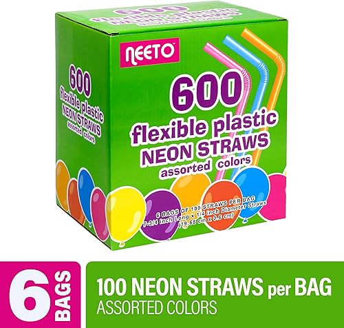 Miniatura 4 de Neeto Pajitas de plástico neón de 7.75 pulgadas, 600 unidades