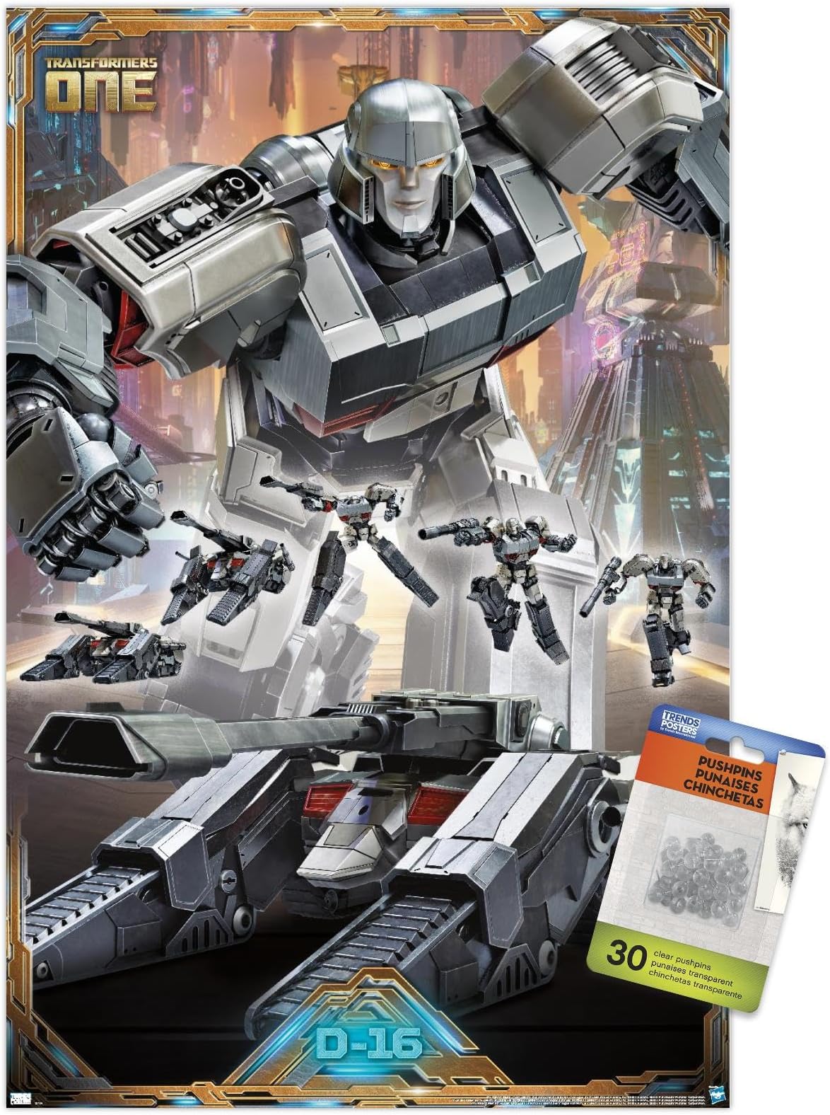 Hasbro Transformers: One - D-16 / Megatron Wall Poster with Push Pins, 14.72" x 22.37", Premium Poster & Push Pin Bundle