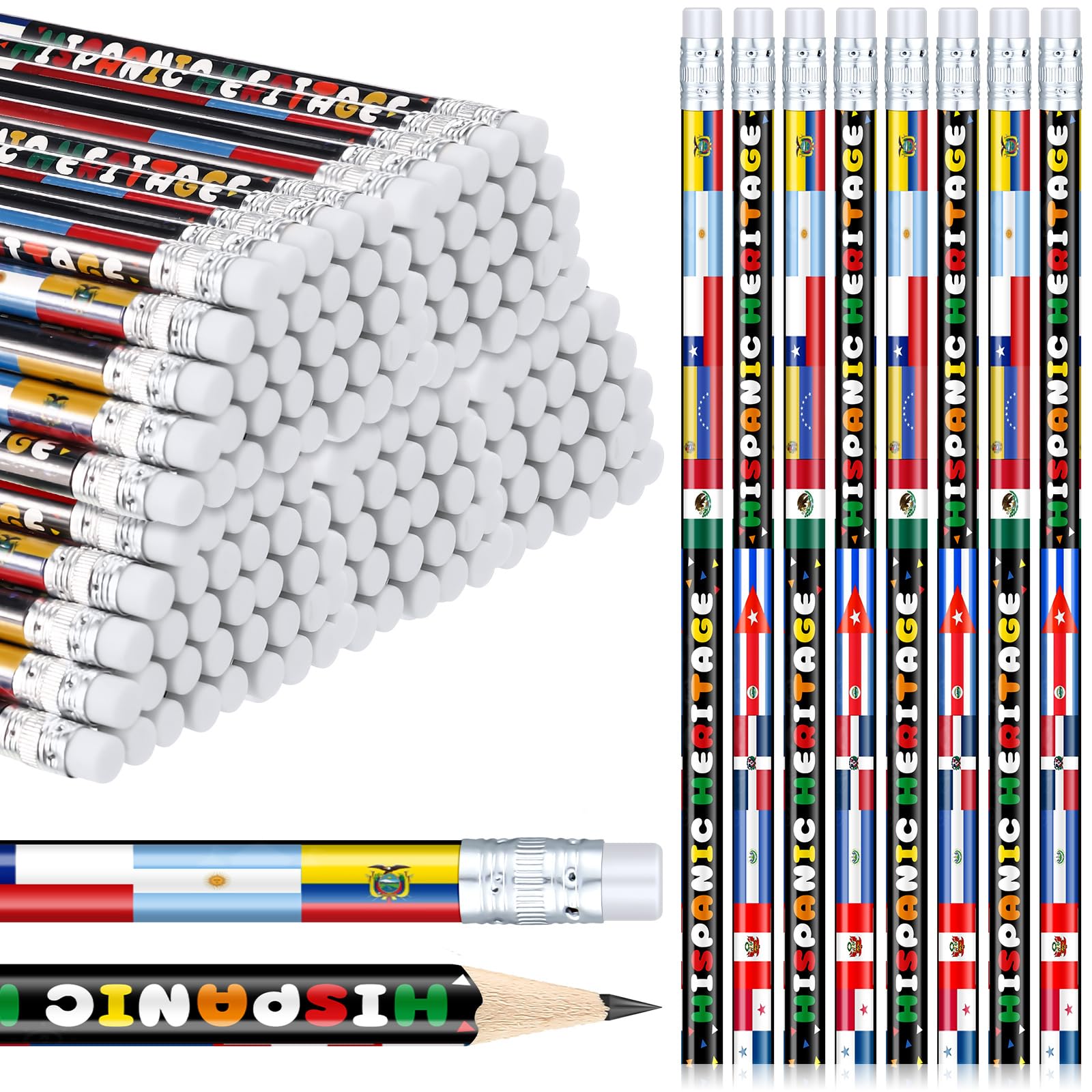 Gilprop 36 Pcs Hispanic Heritage Month Pencils Spanish Pencils with Erasers International Flags World Hispanic Heritage Month Party Favors Gifts for